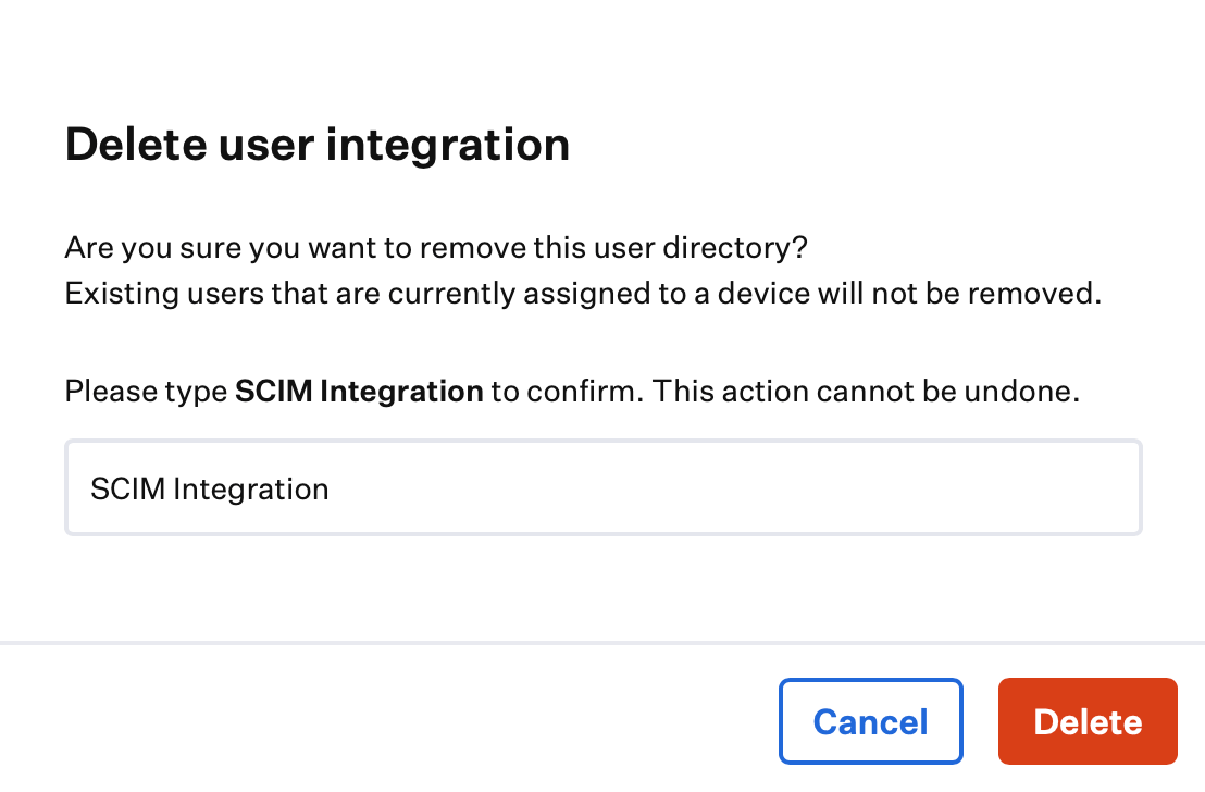 Delete SCIM integration confirmation prompt