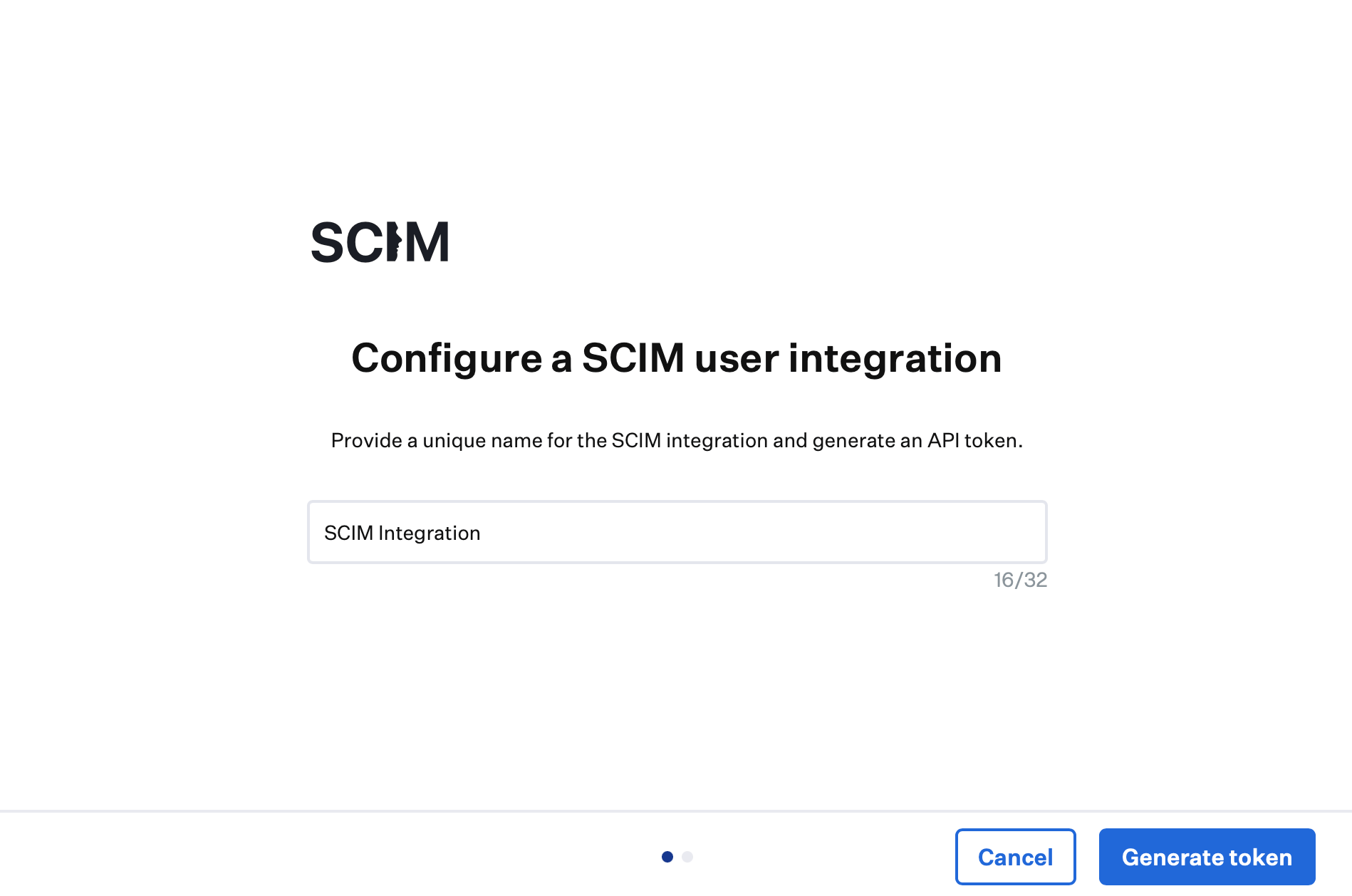 Configure a SCIM user integration screen with name field and Generate token button