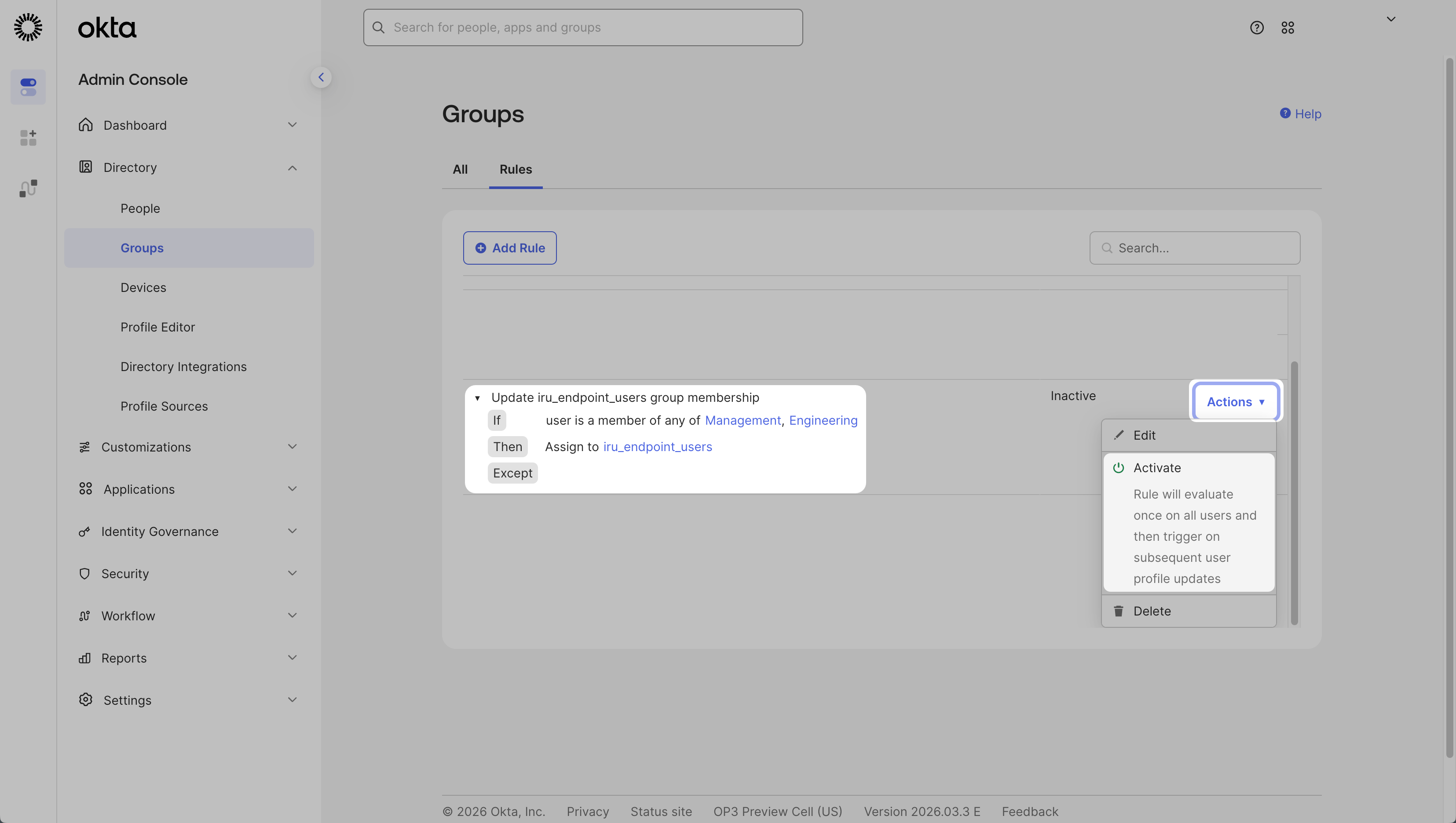 Okta Group Rules list with Actions menu and Activate