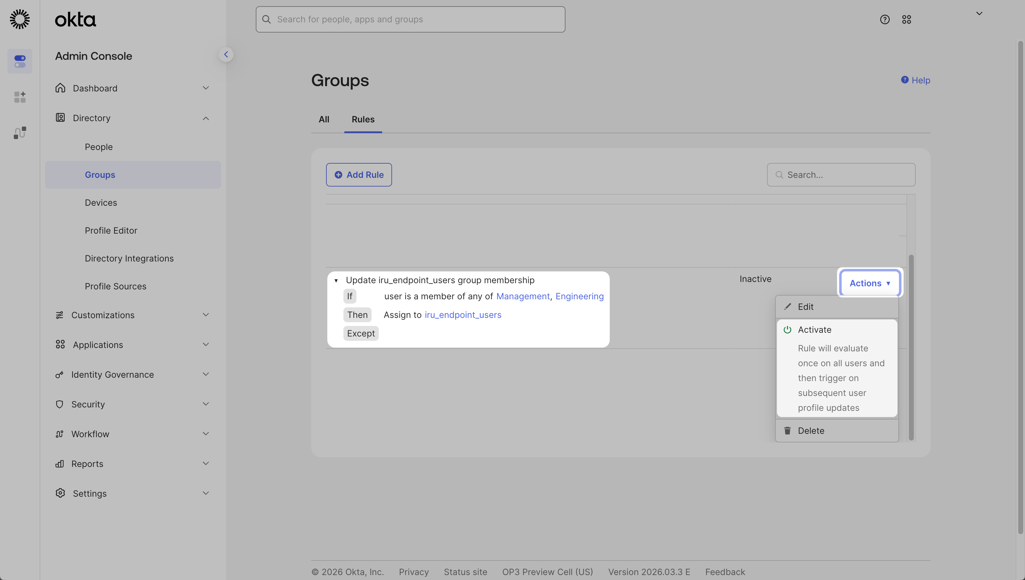 Okta Group Rules list with Actions menu and Activate