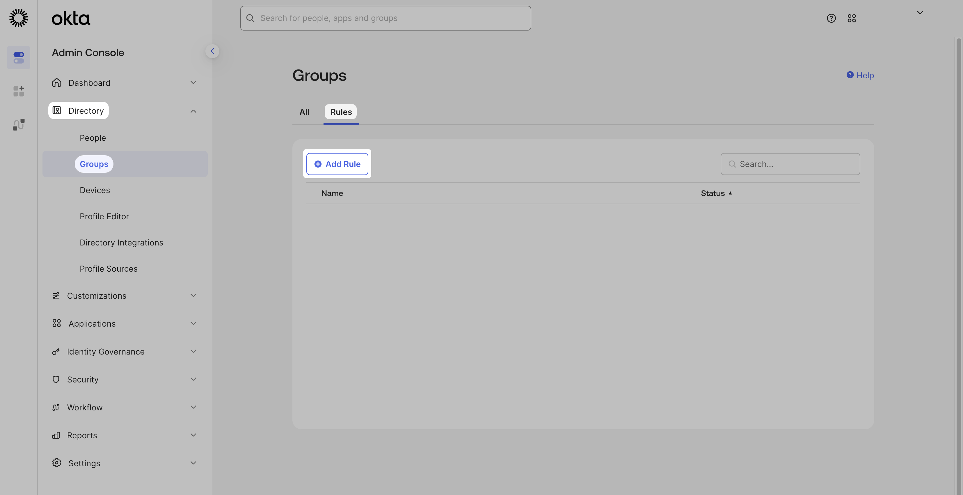 Okta Directory Groups Rules page with Add Rule