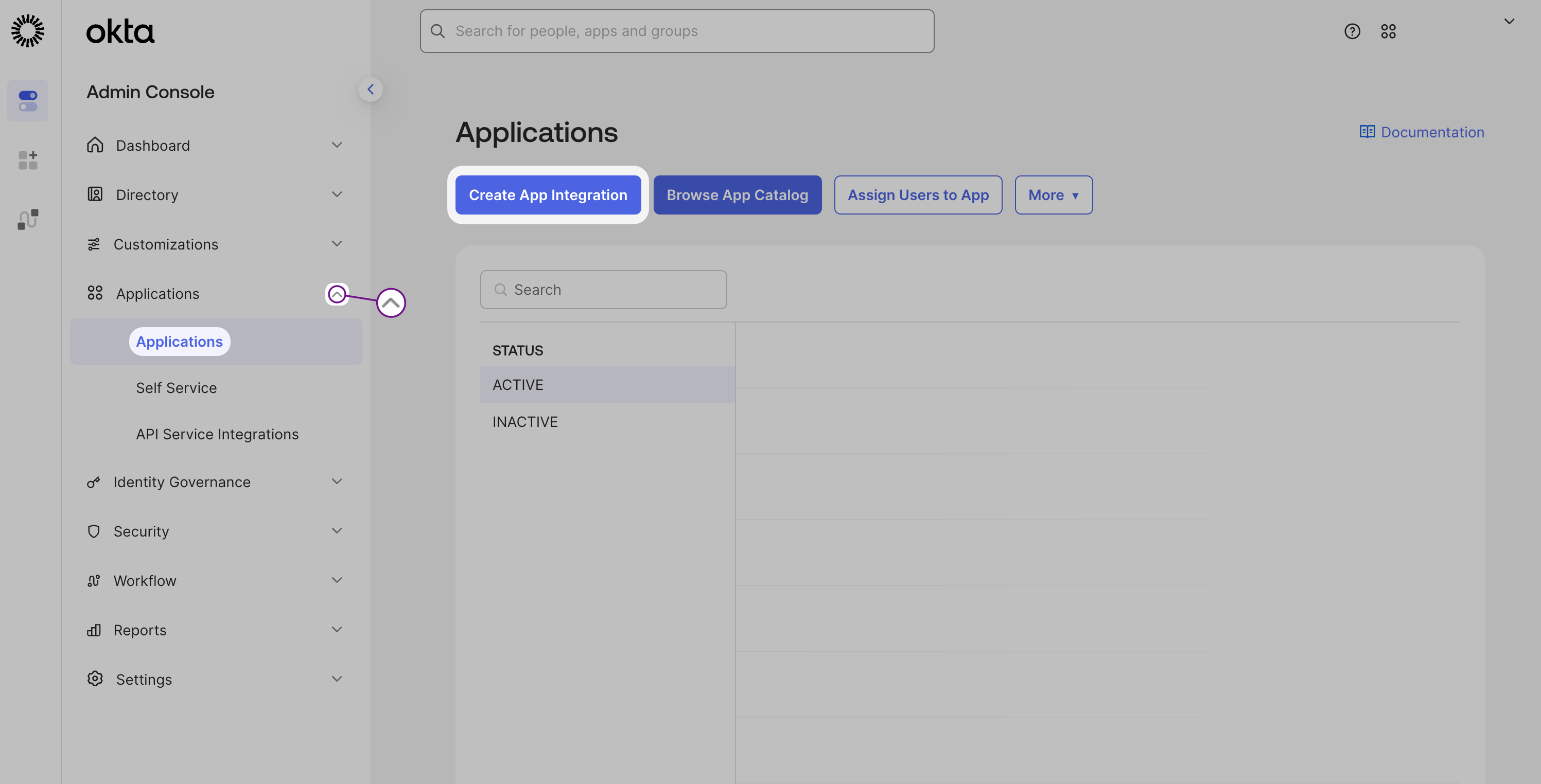 Okta Applications page with Create App Integration button
