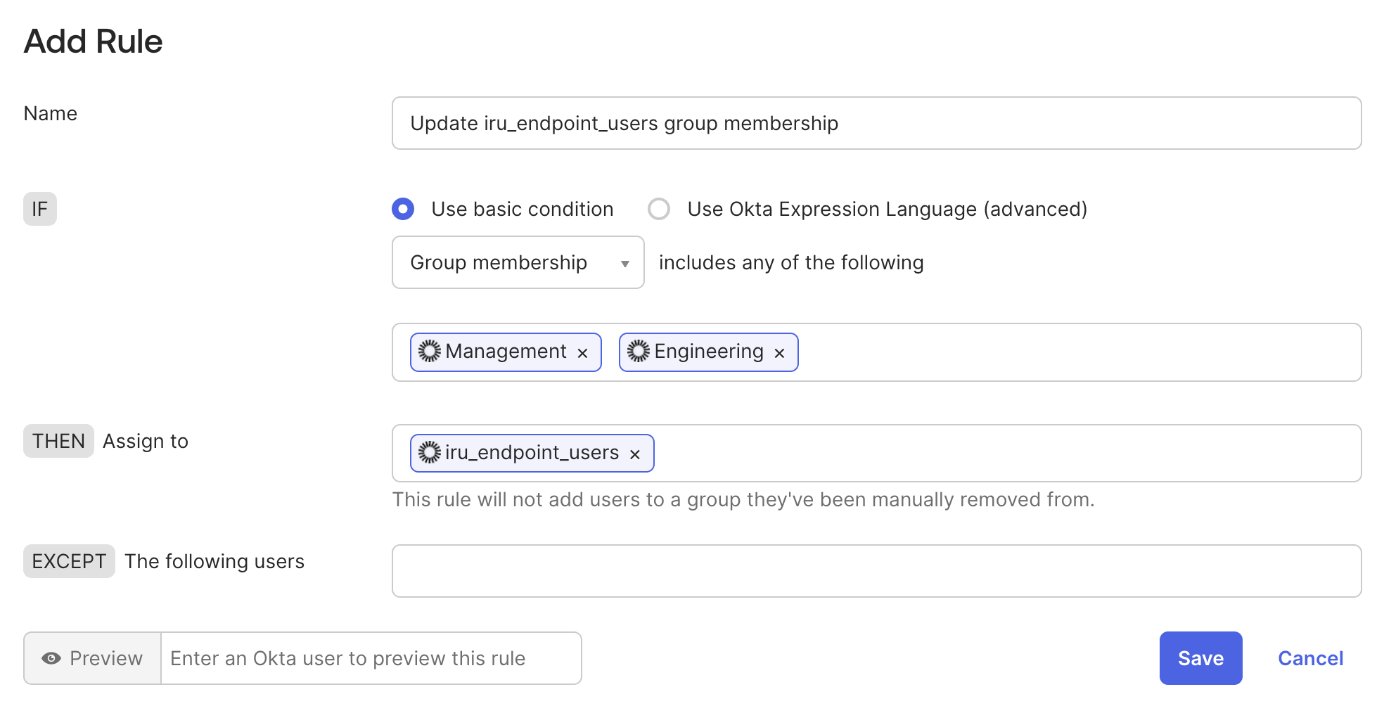 Okta group rule IF condition with Use basic condition and Group membership