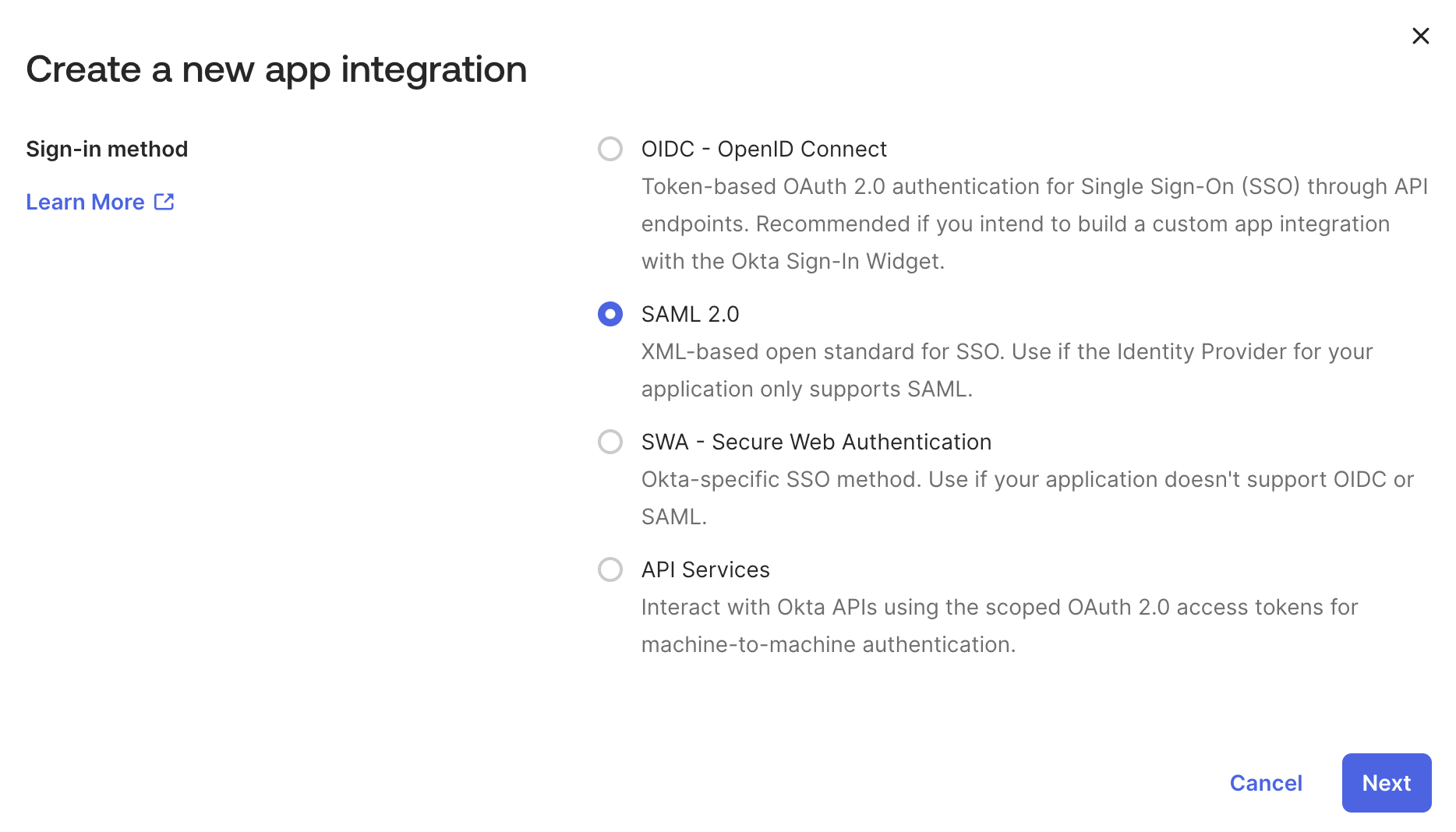 Create a new app integration dialog with SAML 2.0 selected