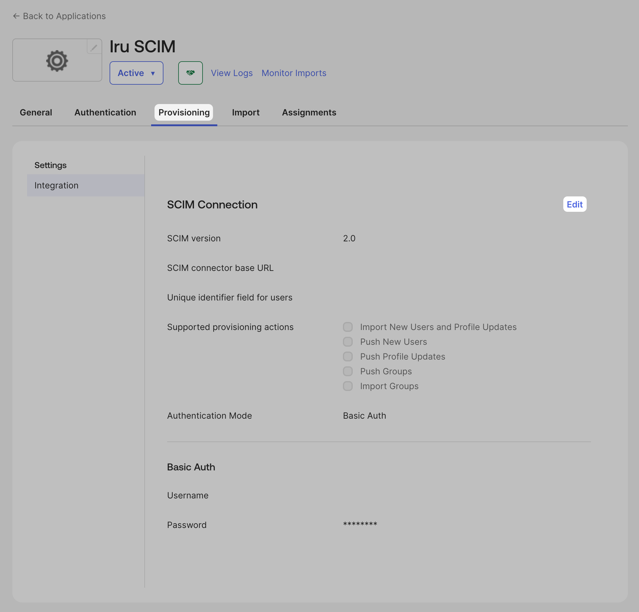 Okta Provisioning tab with SCIM Connection and Edit button
