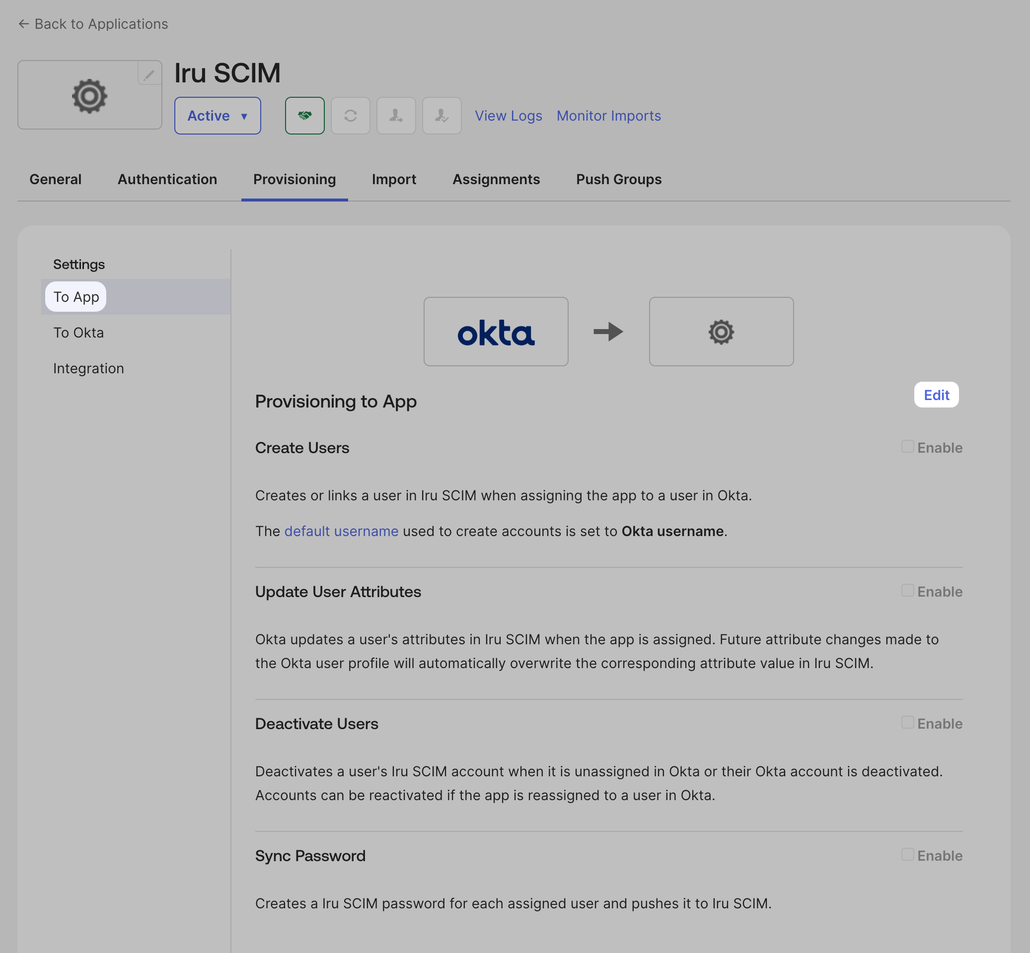 Okta Provisioning To App section with Provisioning to App and Edit