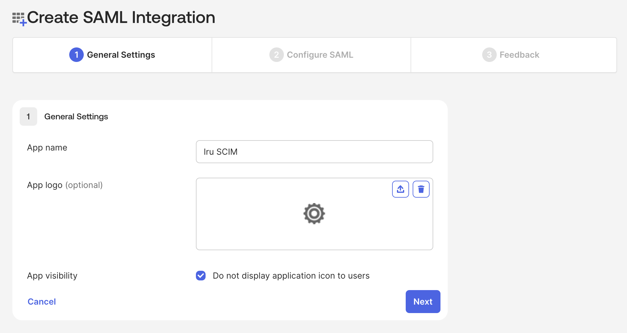Create SAML Integration General Settings with app name and App visibility