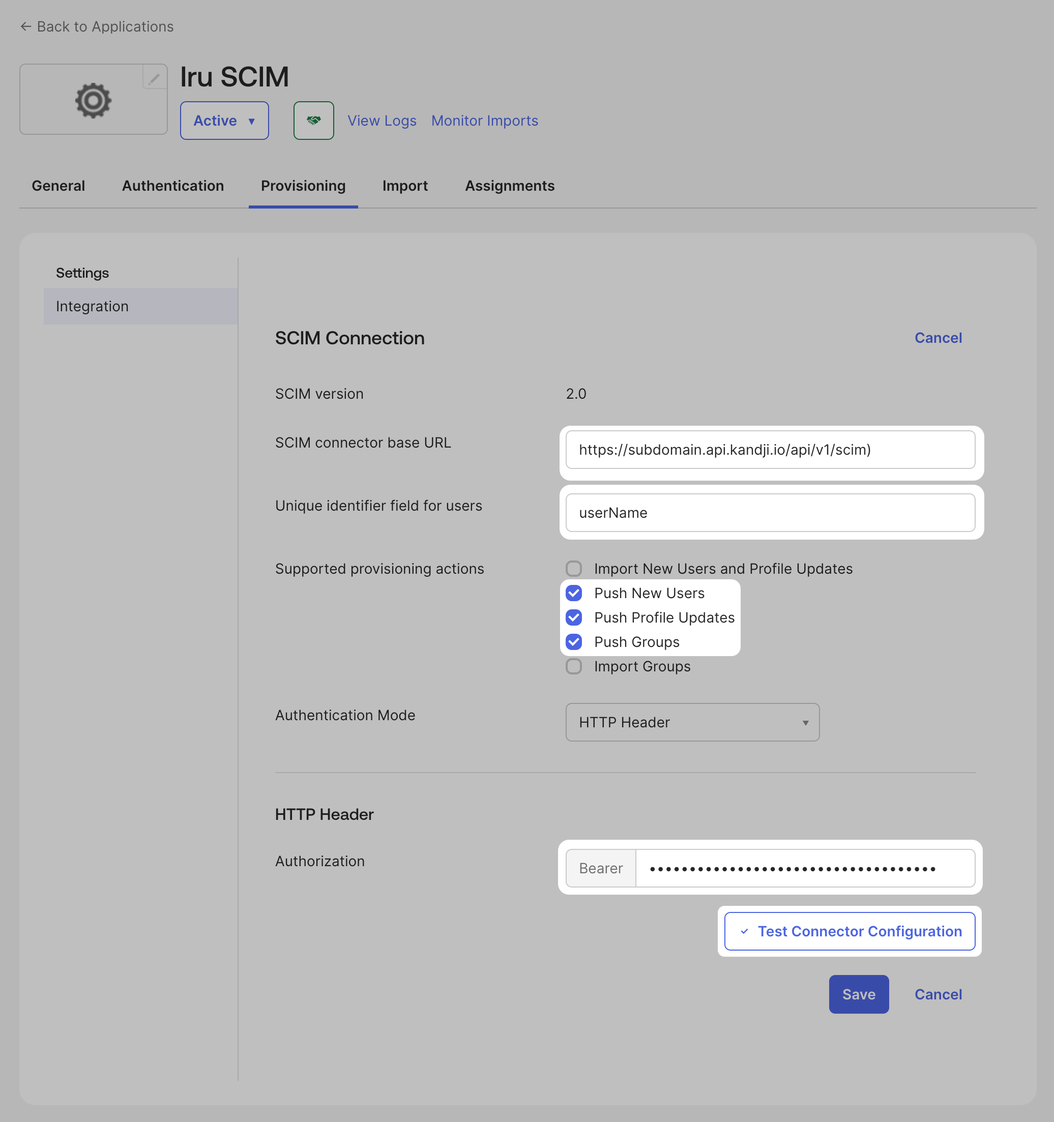 Okta SCIM Connection with base URL, userName, provisioning actions, HTTP Header, and Bearer token