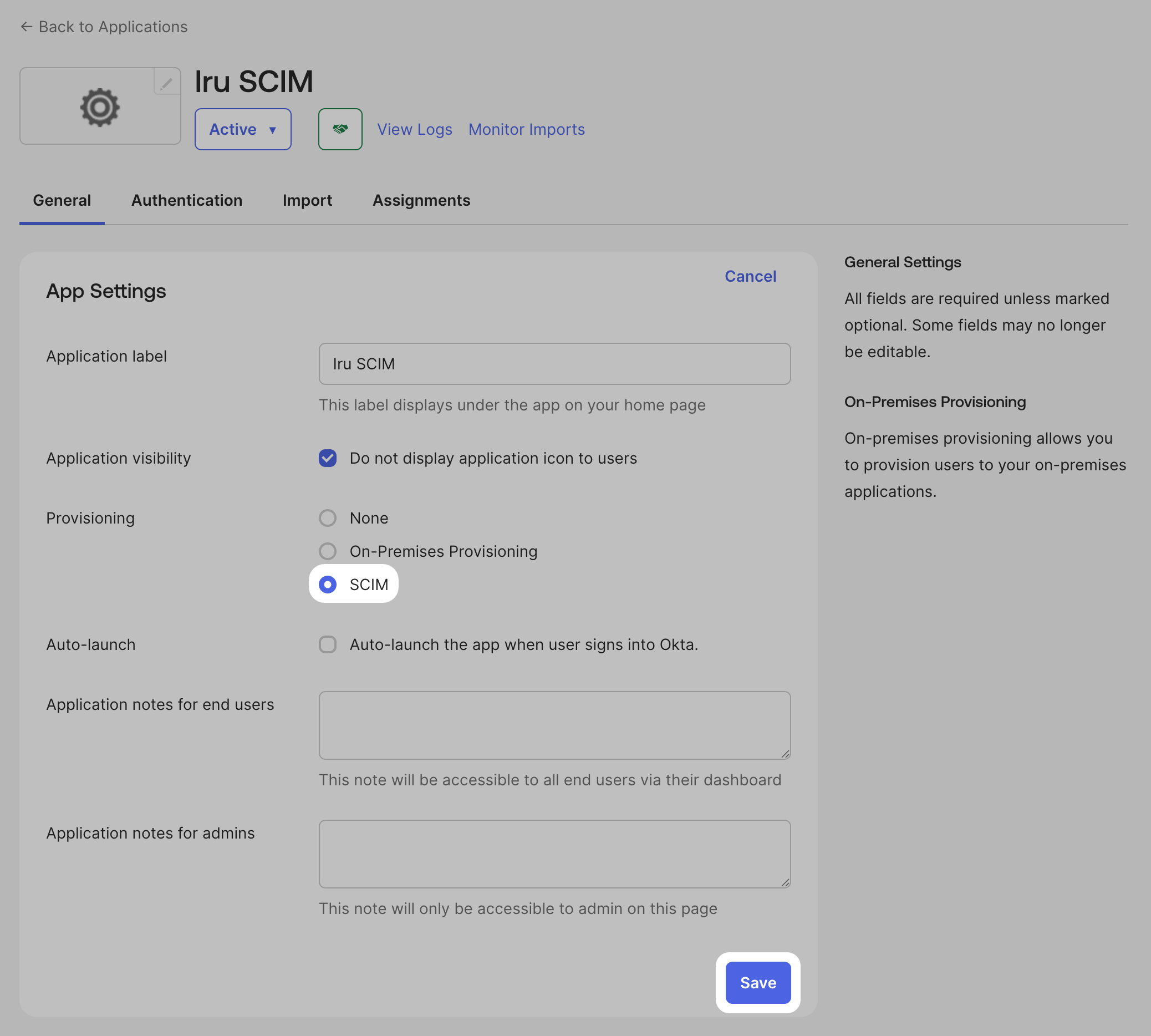 Okta General tab with SCIM selected in Provisioning setting