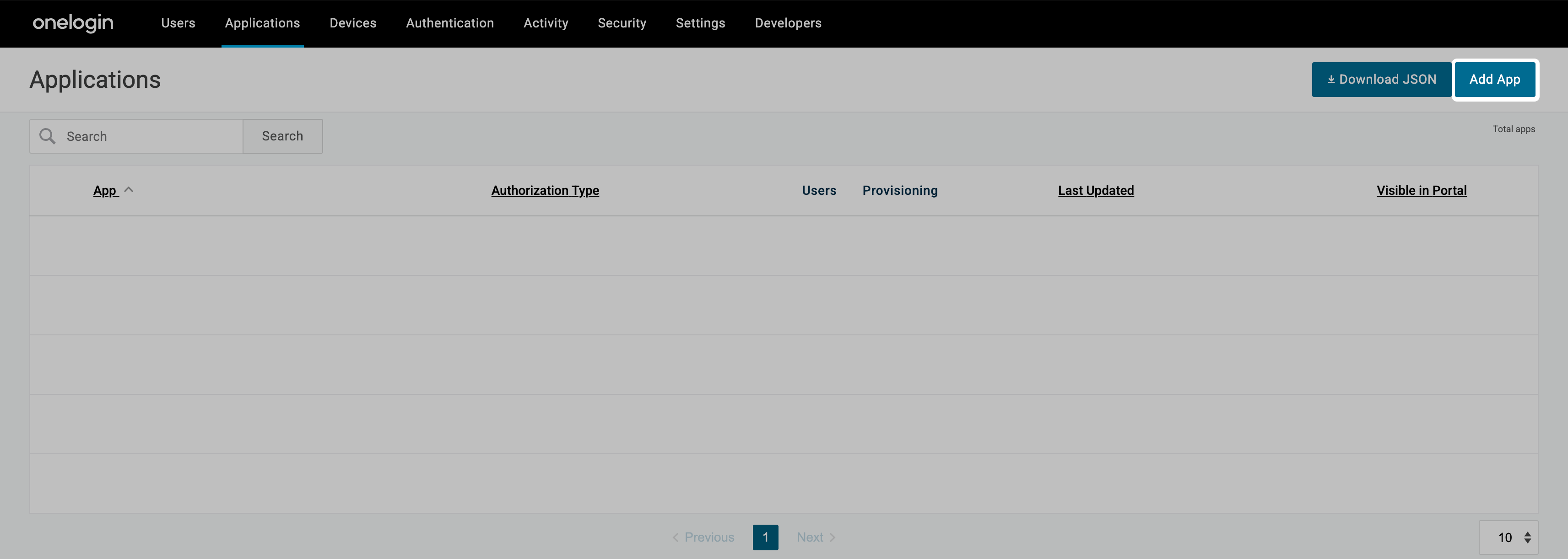 OneLogin Applications page with Add App button