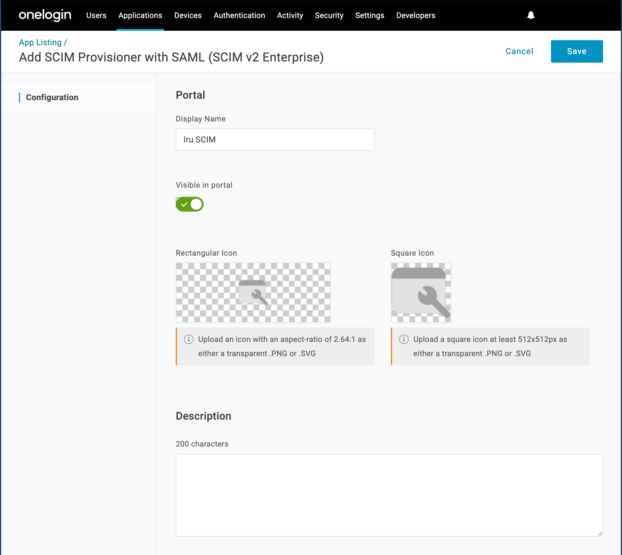 OneLogin SCIM app basic configuration with Display Name and Save