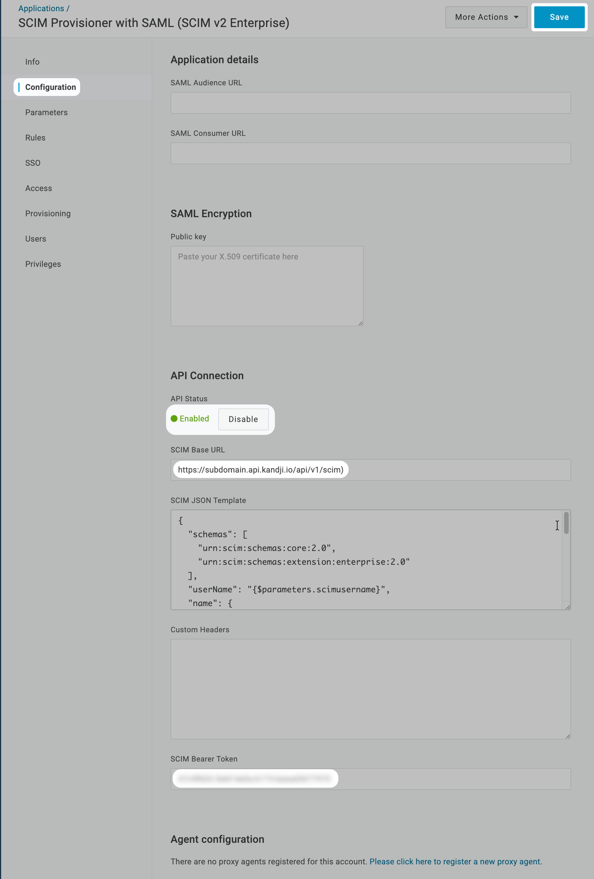 OneLogin Configuration page with SCIM Base URL and Bearer Token fields