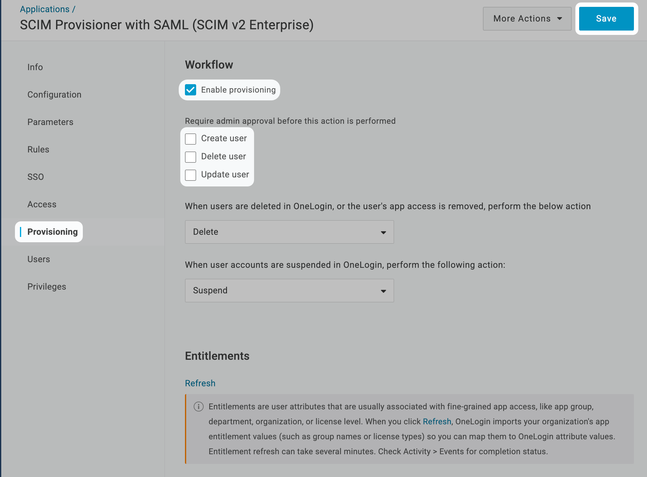 OneLogin Provisioning page with Enable provisioning and user operations