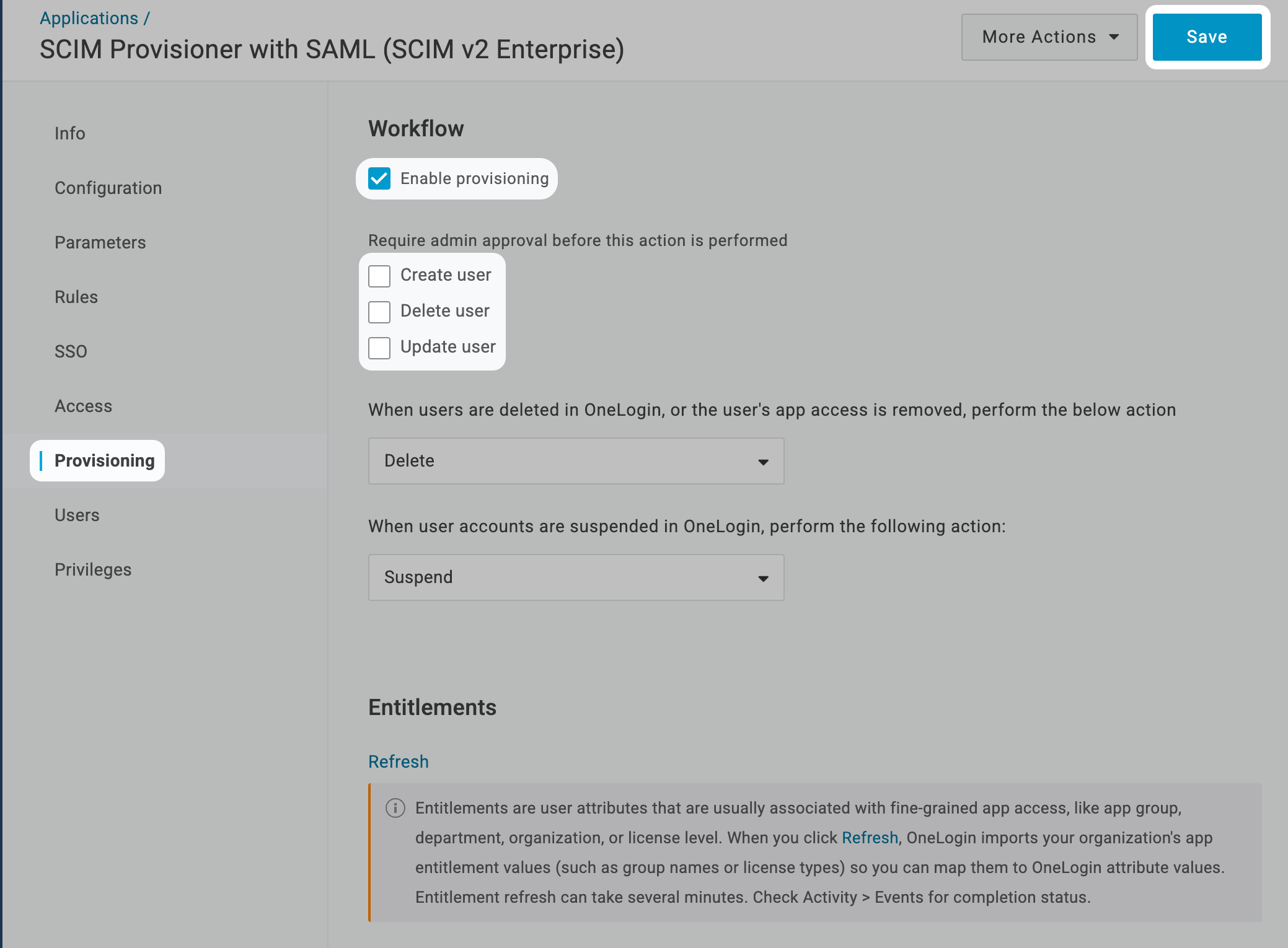OneLogin Provisioning page with Enable provisioning and user operations