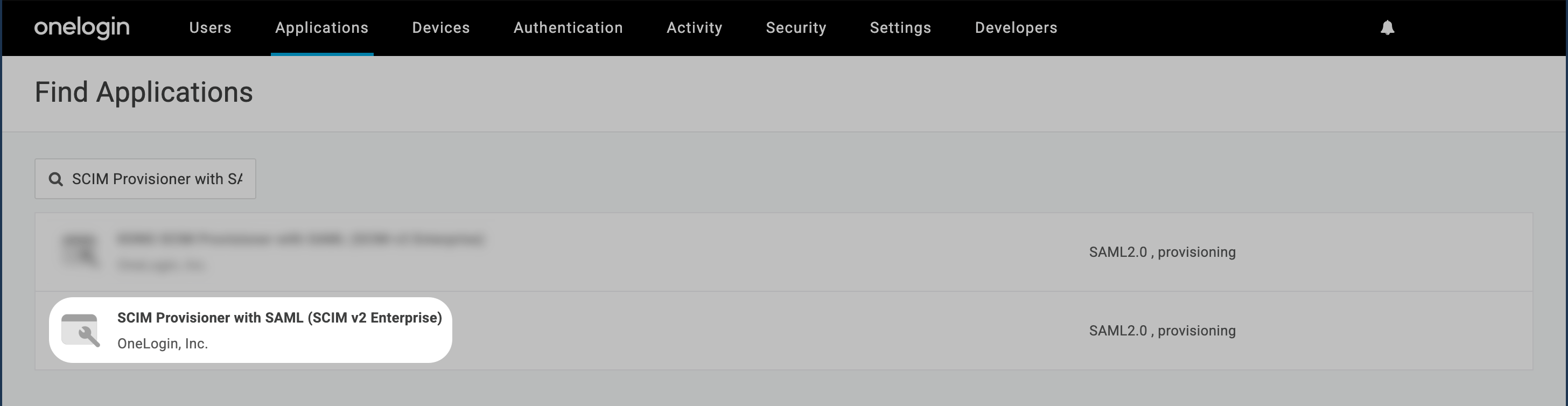 OneLogin Add App search with SCIM Provisioner with SAML option