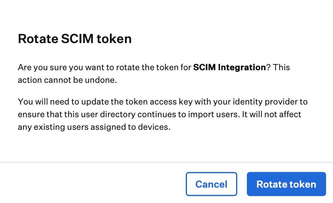 Rotate token confirmation prompt for SCIM integration