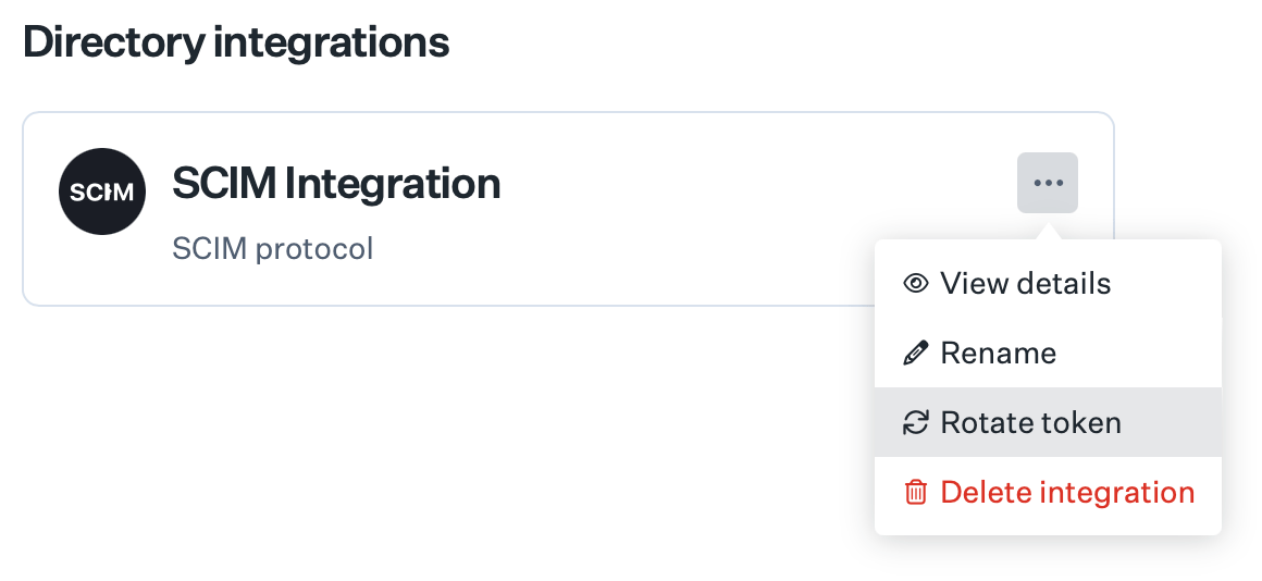 SCIM integration ellipsis menu with Rotate token option