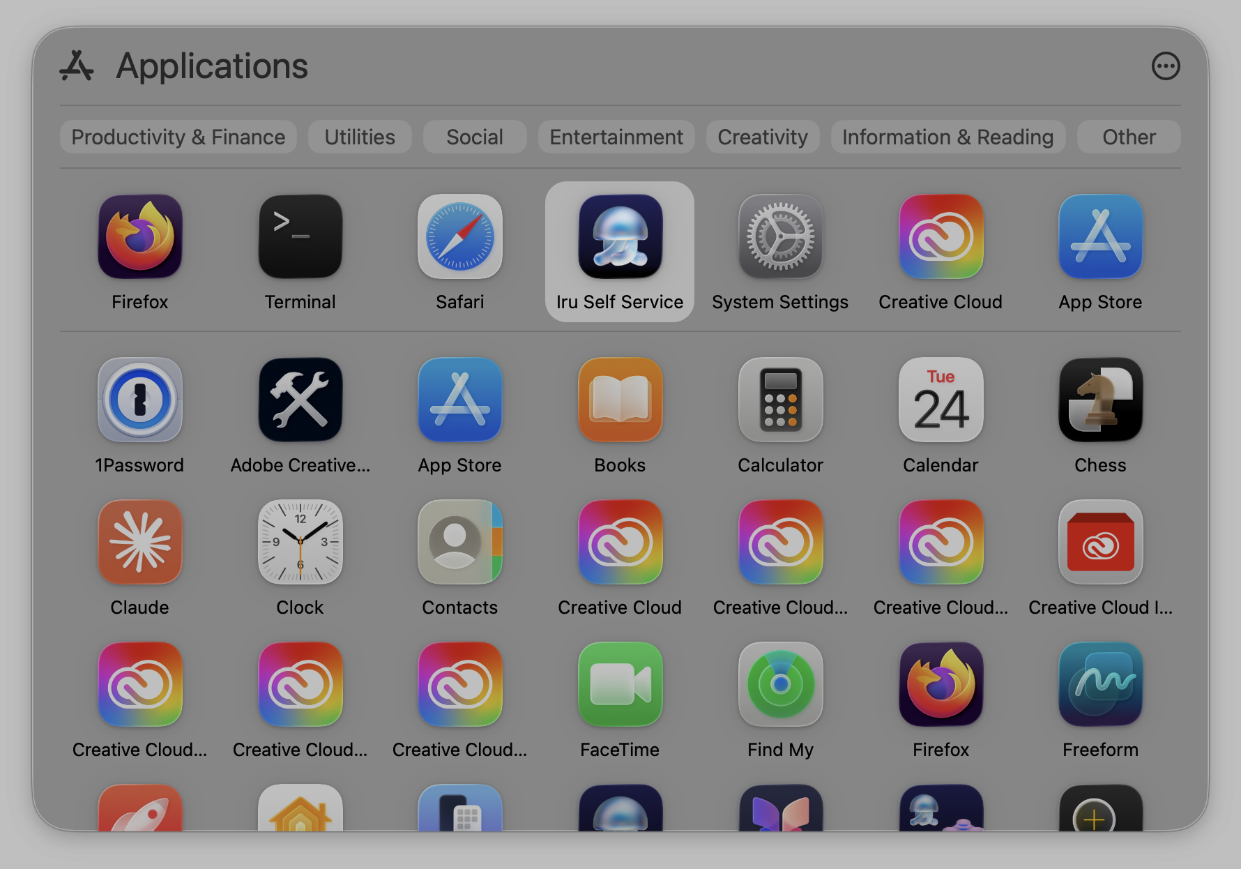 Application search showing Iru Self Service app icon to launch from the Dock