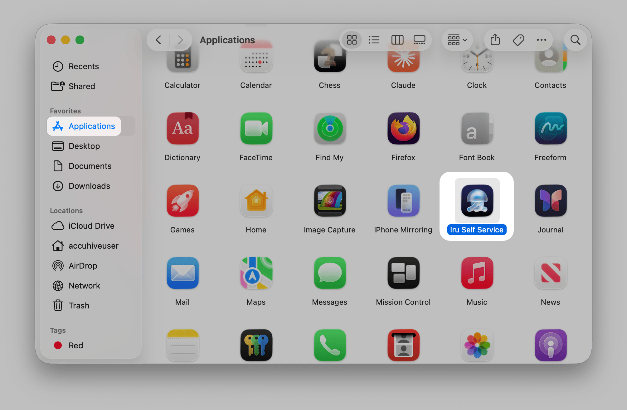 Finder Applications folder showing Iru Self Service app to double-click and launch