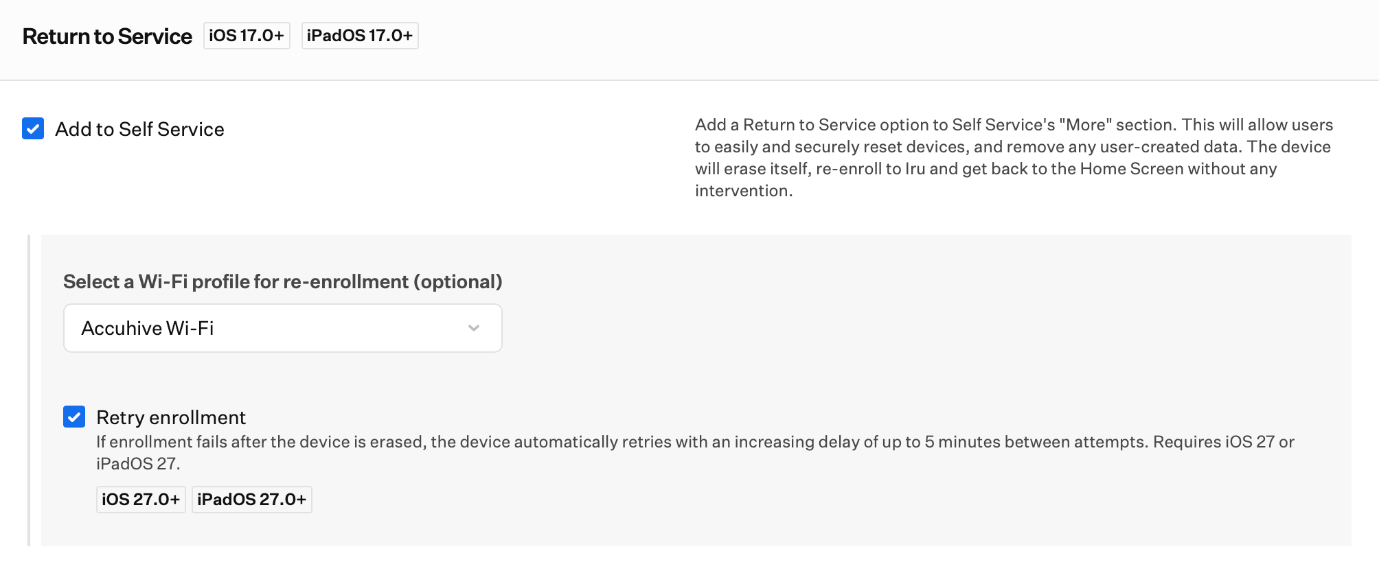 Self Service Return to Service options showing Add to Self Service checkbox and optional Wi-Fi profile configuration