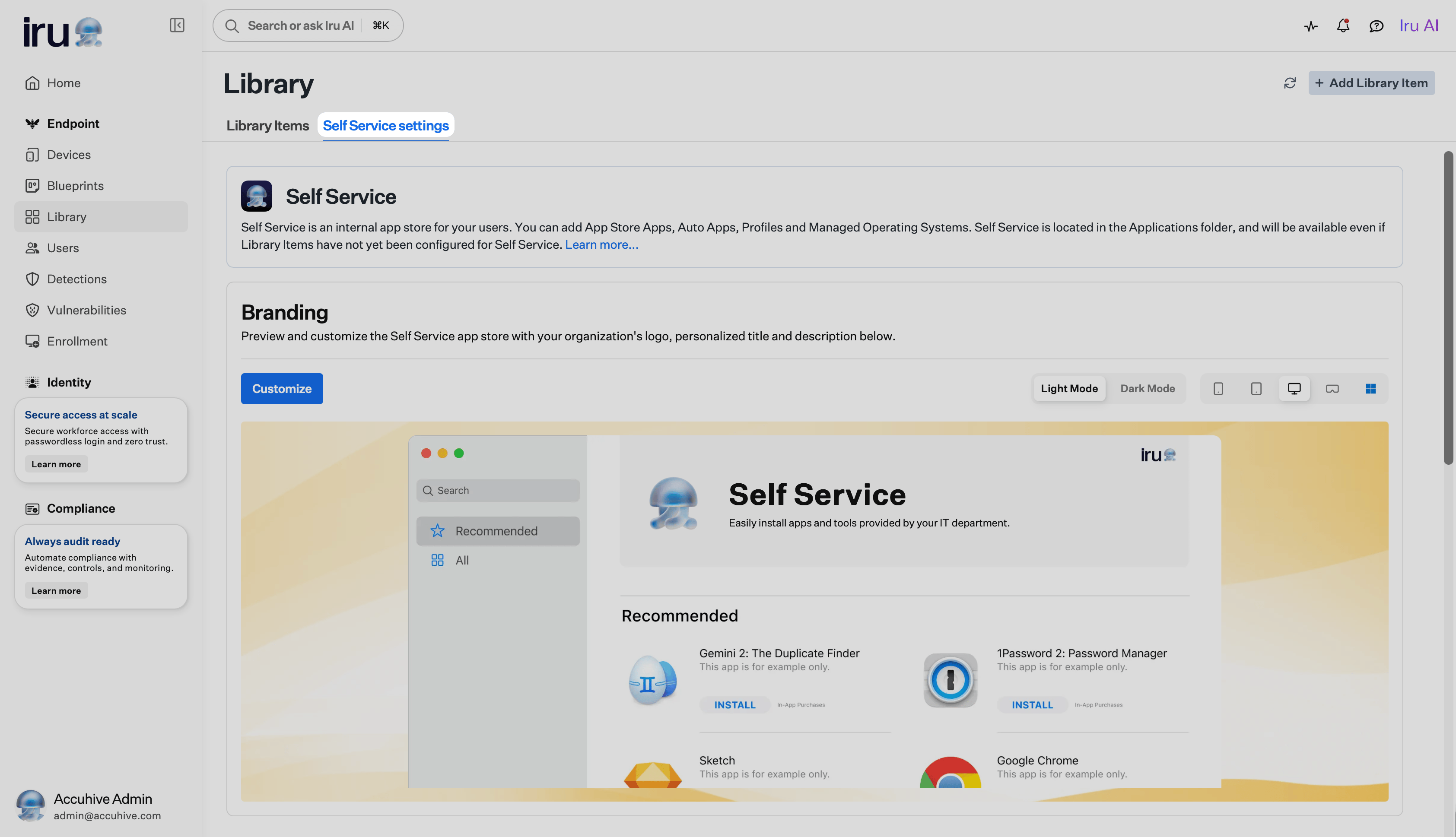 Library with Self Service settings tab selected