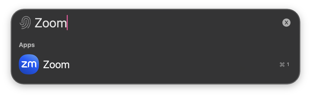 The Iru Spotlight launcher with Zoom typed and a Zoom result listed under Apps, openable with Command-1.