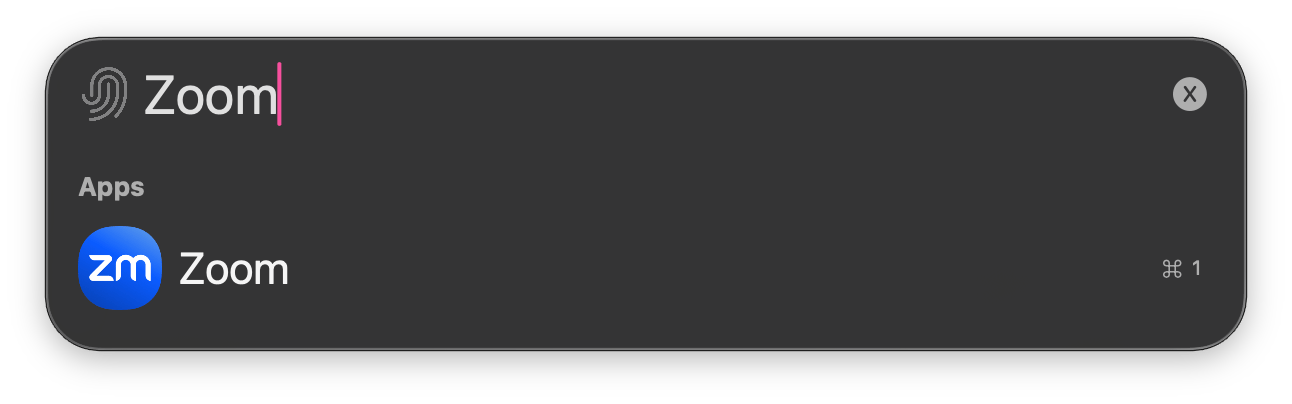 The Iru Spotlight launcher with Zoom typed and a Zoom result listed under Apps, openable with Command-1.