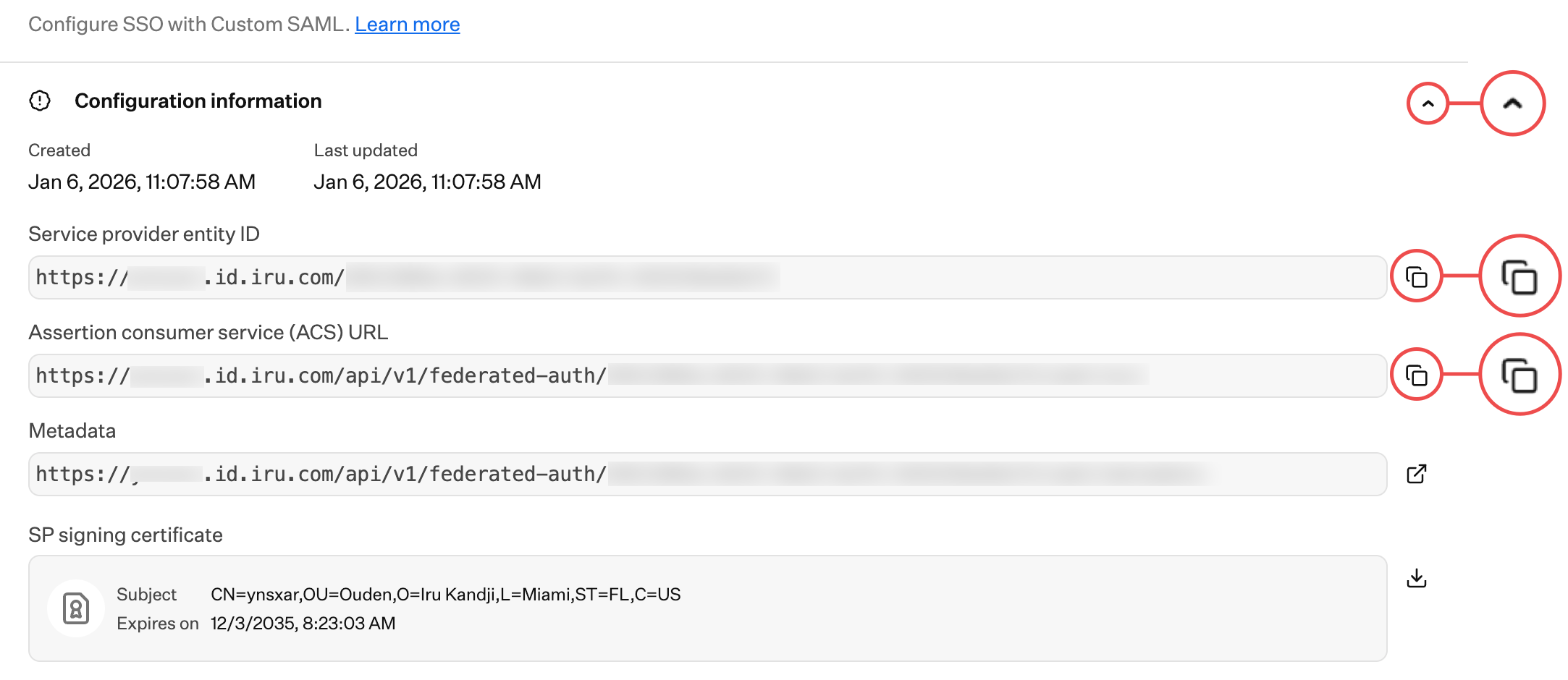 Configuration Information, Service provider entity ID, and Assertion consumer service (ACS) URL