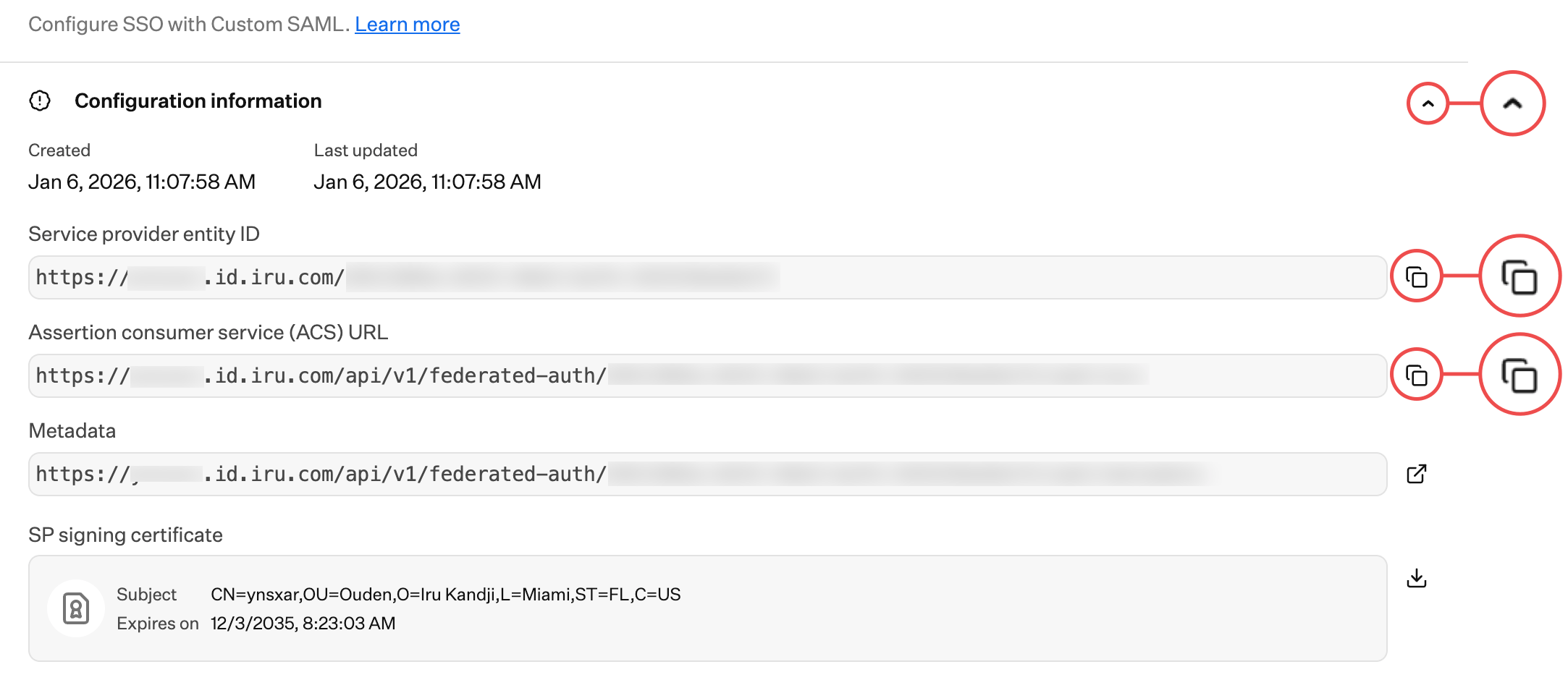 Configuration Information, Service provider entity ID, and Assertion consumer service (ACS) URL