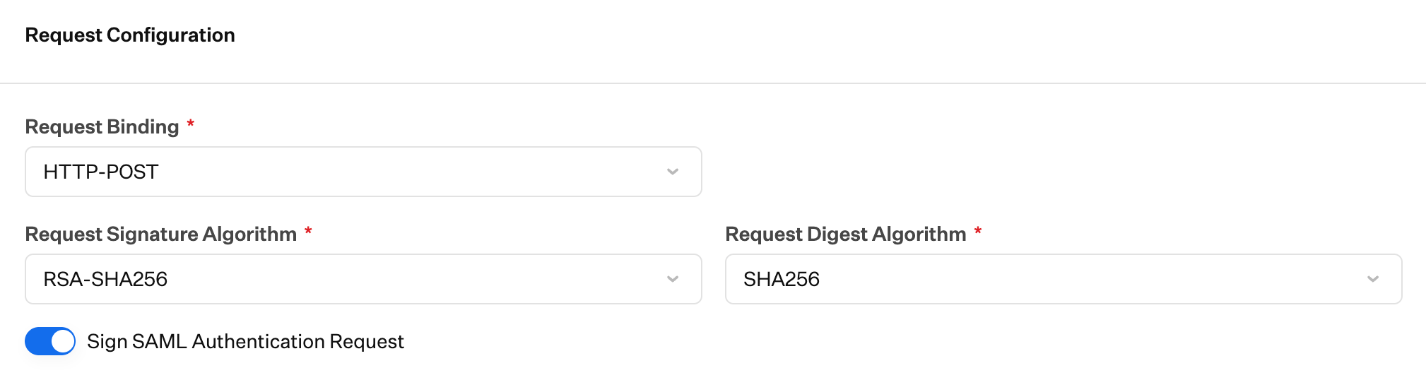 Sign SAML Authentication Request enabled in Request Configuration