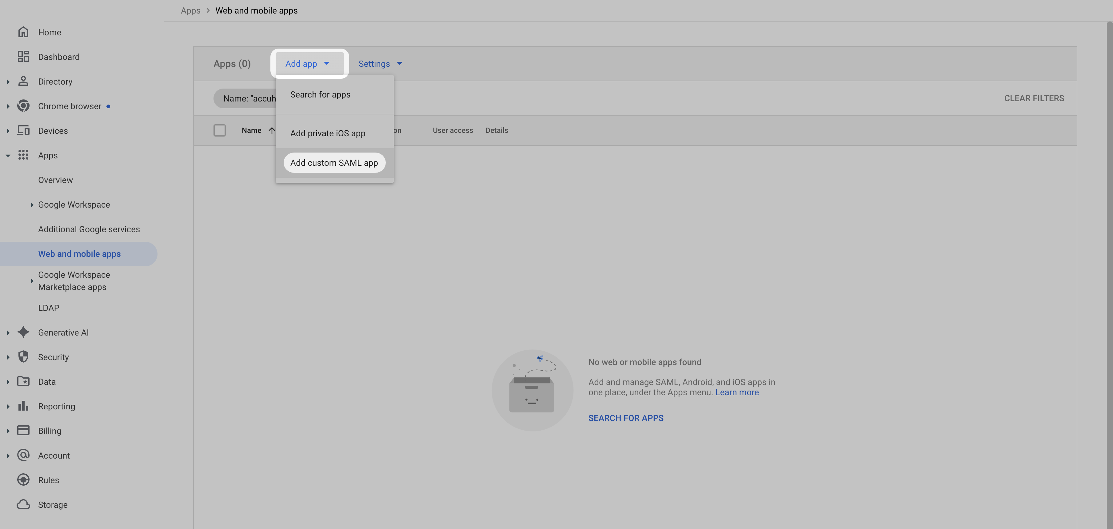 Google Workspace Add app dropdown with Add custom SAML app