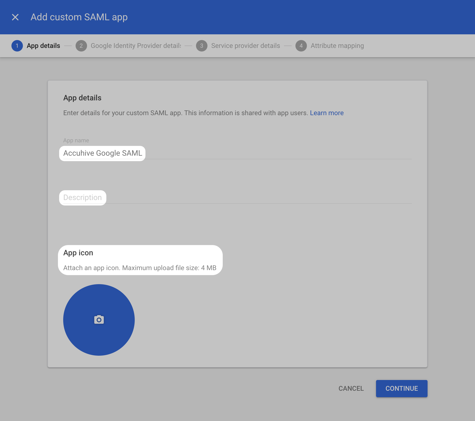 Google Workspace SAML app details with App name Description and Continue