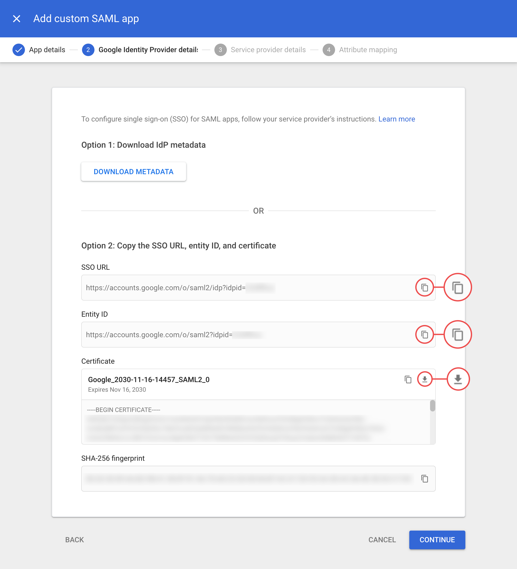 Google Identity Provider Details SSO URL Entity ID and Certificate with Continue