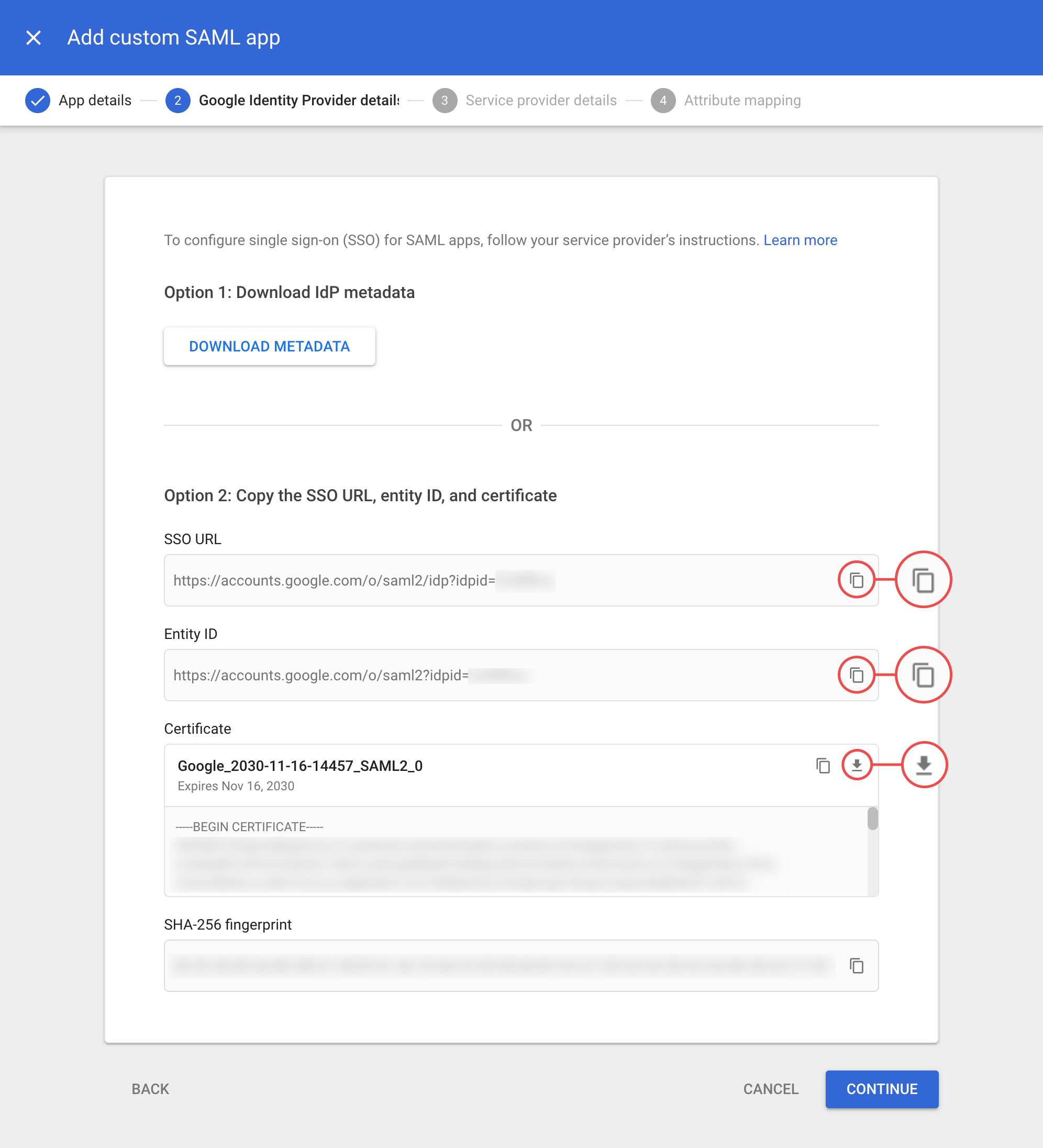 Google Identity Provider Details SSO URL Entity ID and Certificate with Continue