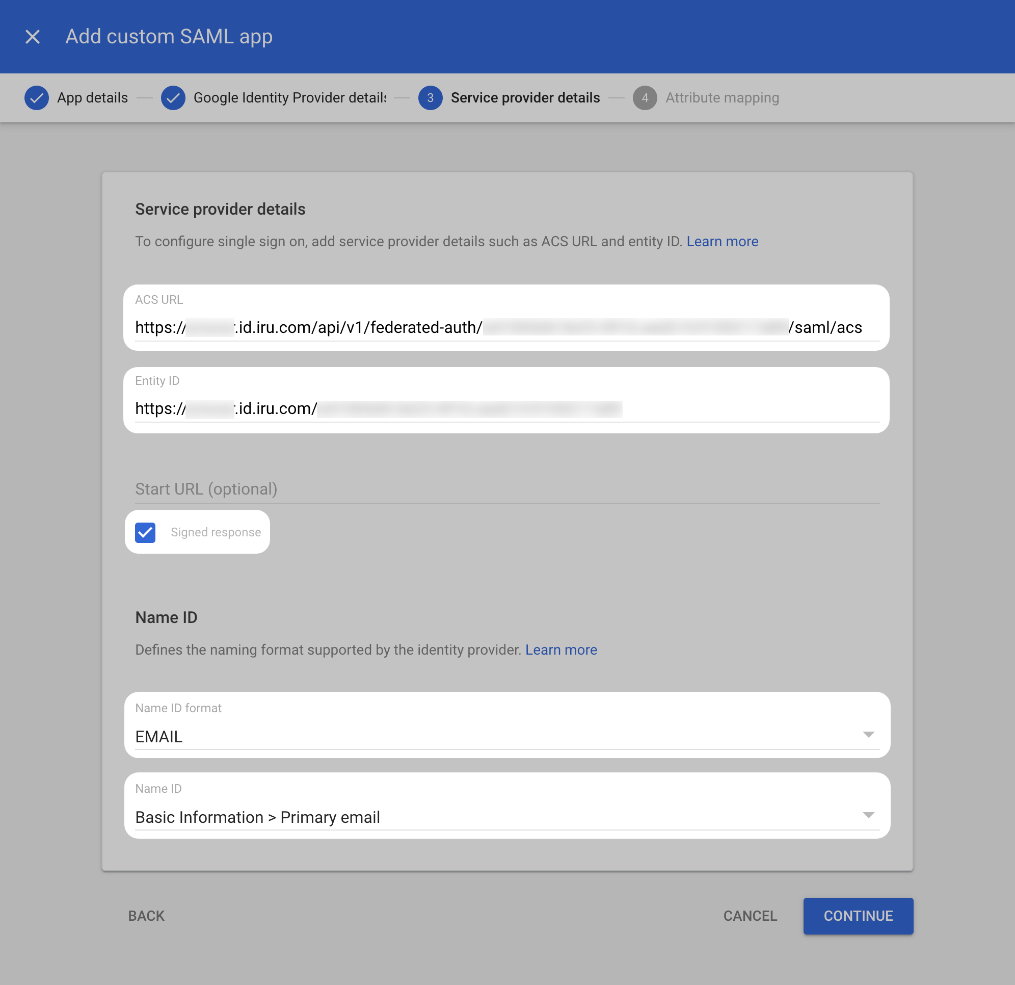 Google Service Provider Details ACS URL Entity ID Signed response and CONTINUE