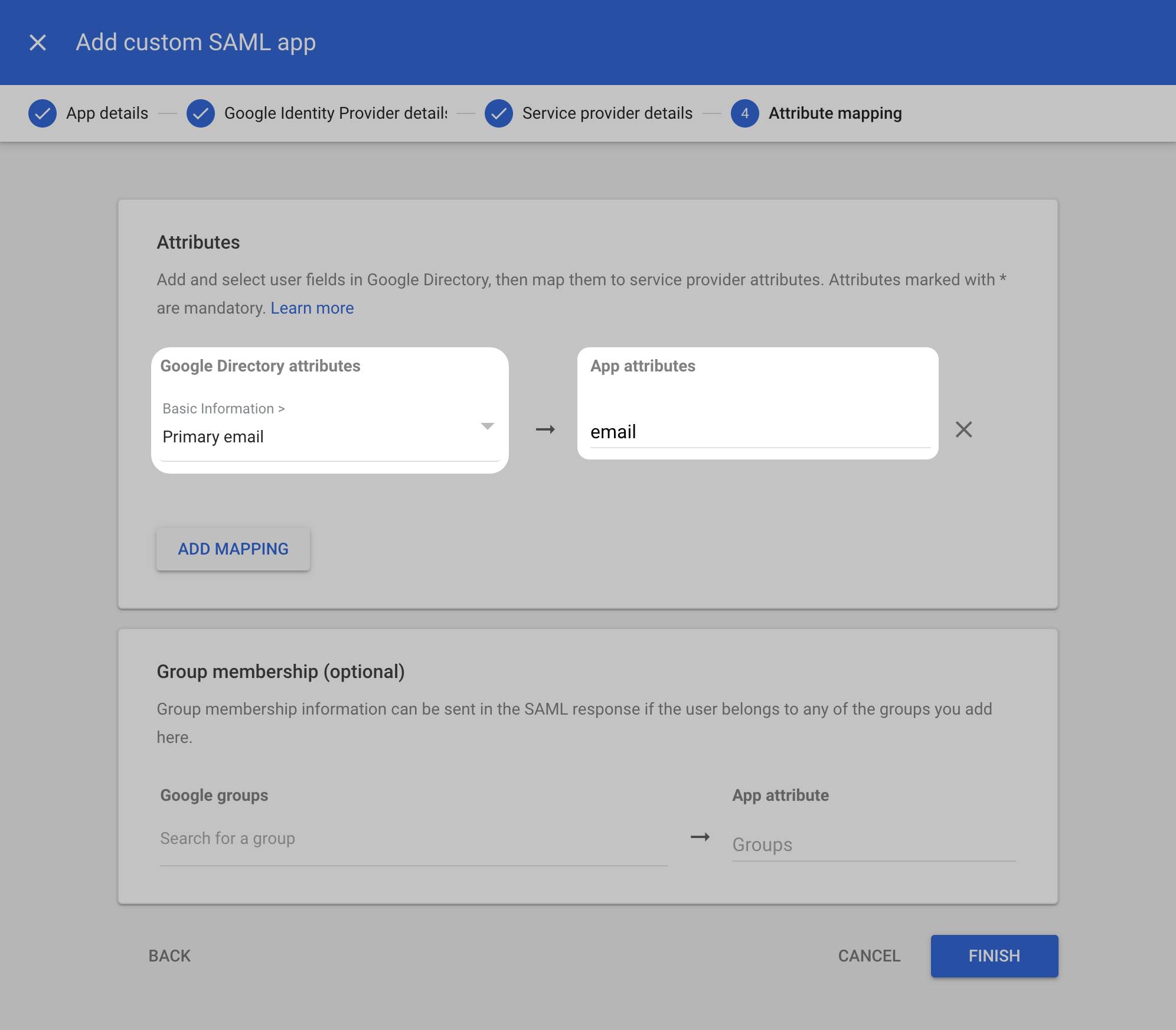 Google Attribute Mapping ADD MAPPING Primary email and Finish