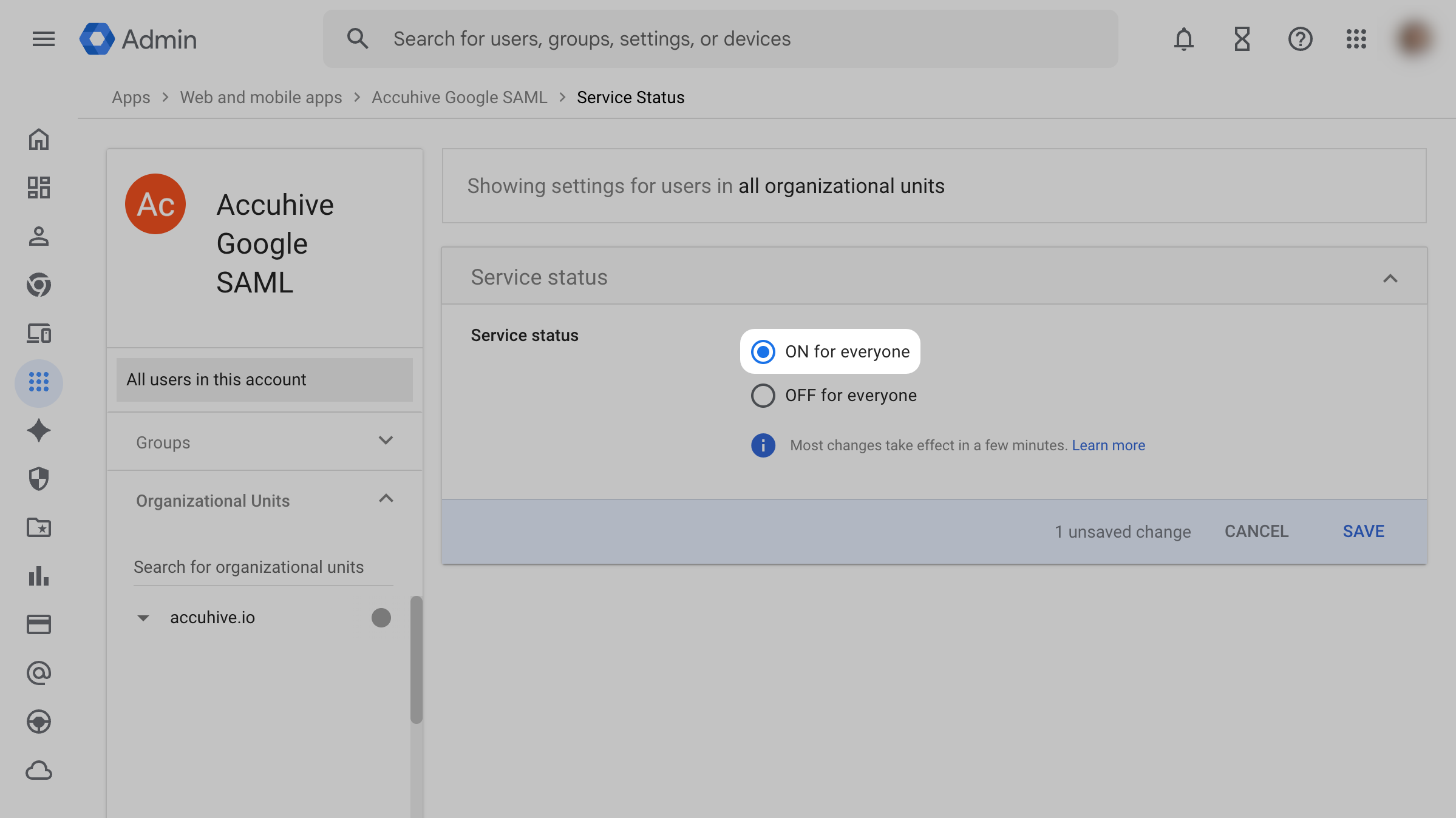 Google Workspace User Access ON for everyone and Save