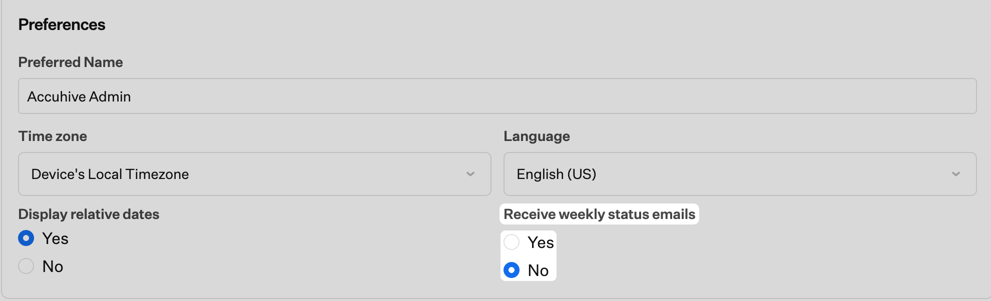Receive weekly status emails Yes or No options in My Account preferences