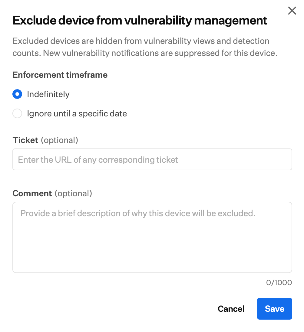 Exclude device vulnerabilities dialog with Indefinitely and Ignore until a specific date timeframe options and optional Ticket and Comment fields
