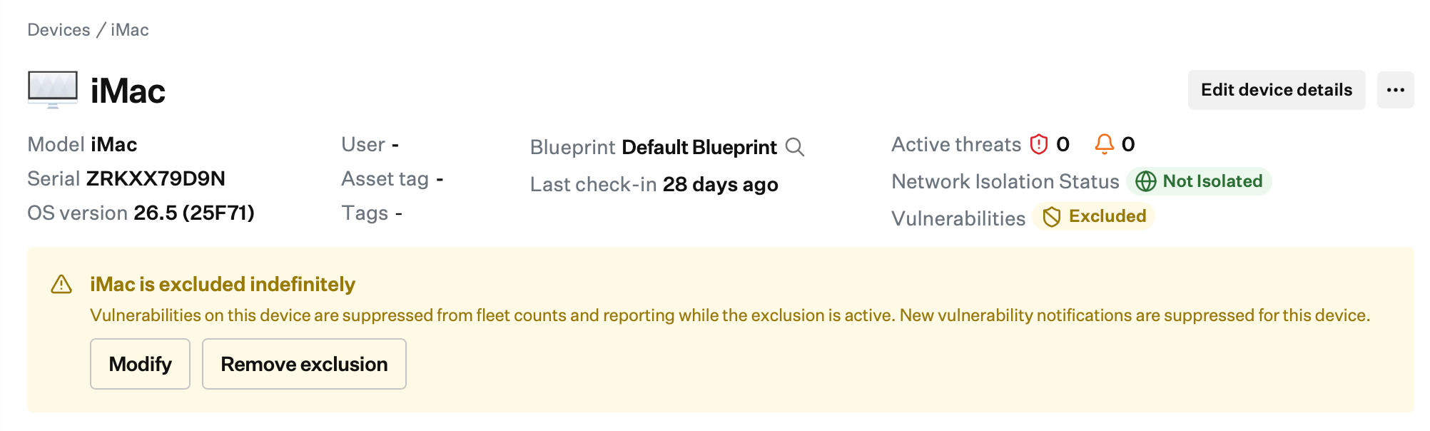 Device record banner showing Modify and Remove exclusion options for an excluded device