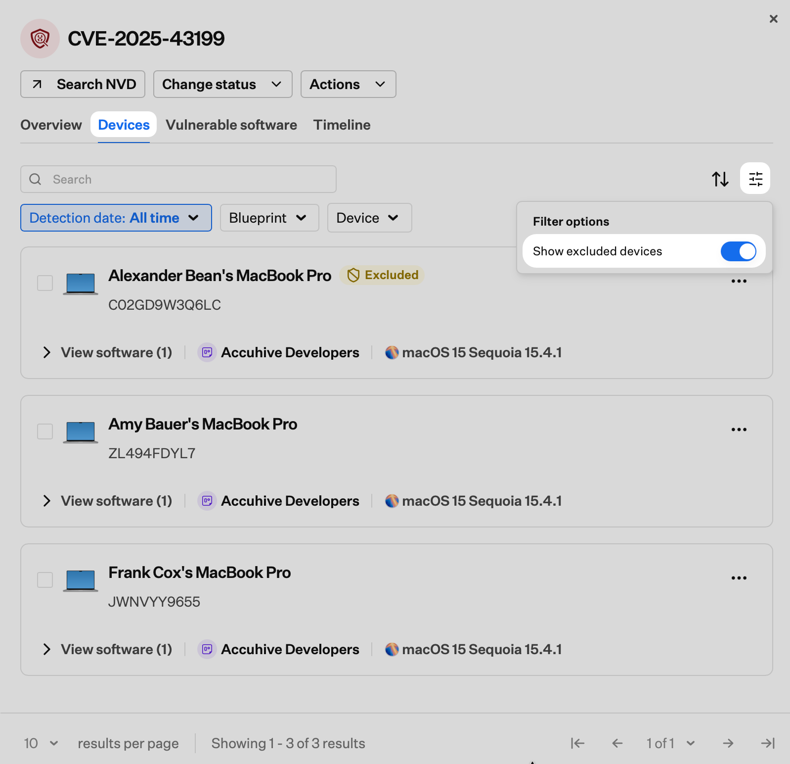 CVE Devices tab filter options with Show excluded devices toggle enabled and excluded devices listed