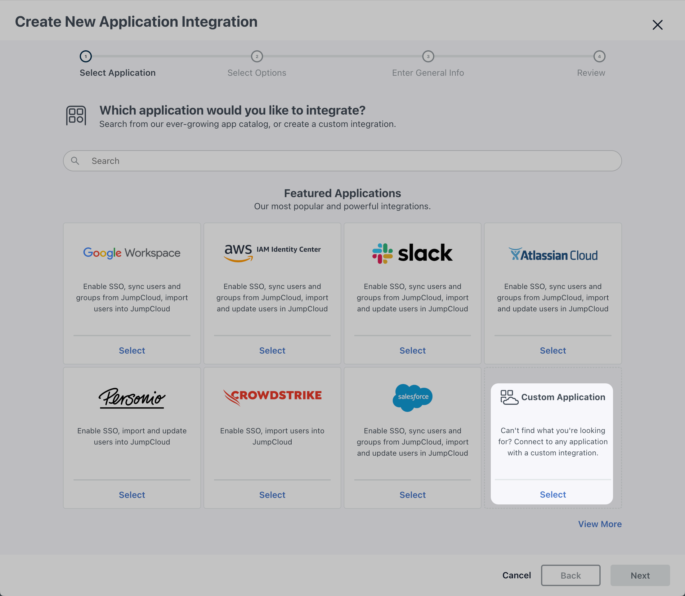 JumpCloud Custom Application Select