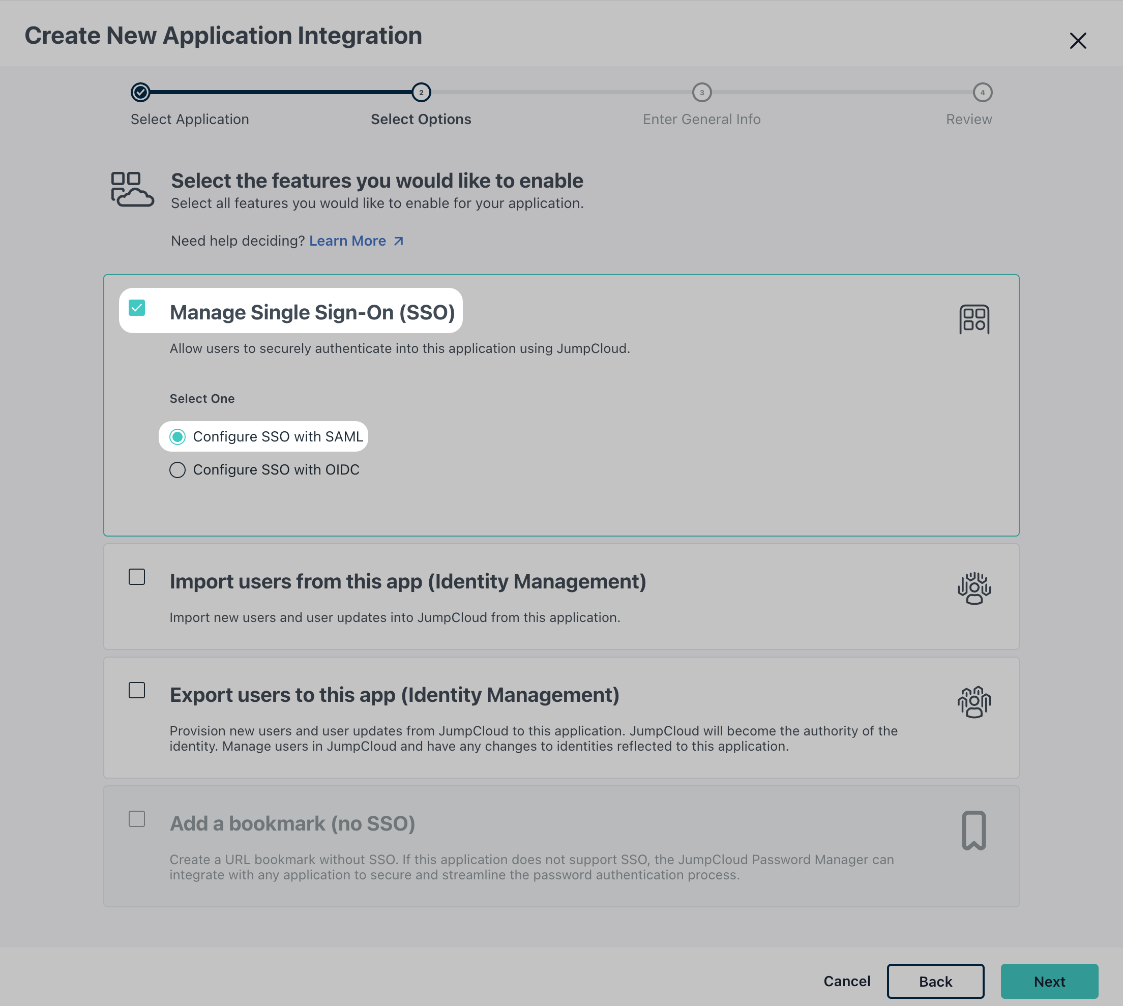 JumpCloud Manage SSO Configure SSO with SAML Next