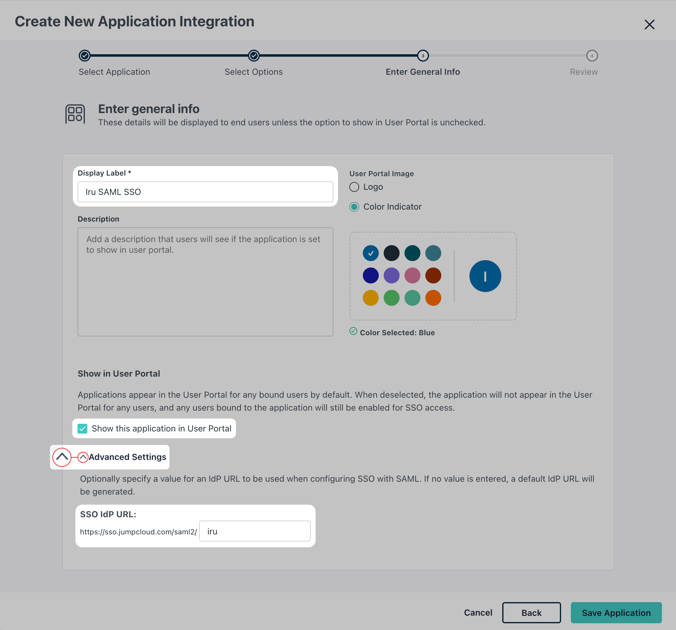 JumpCloud General Info Display Label SSO IdP URL iru Save Application