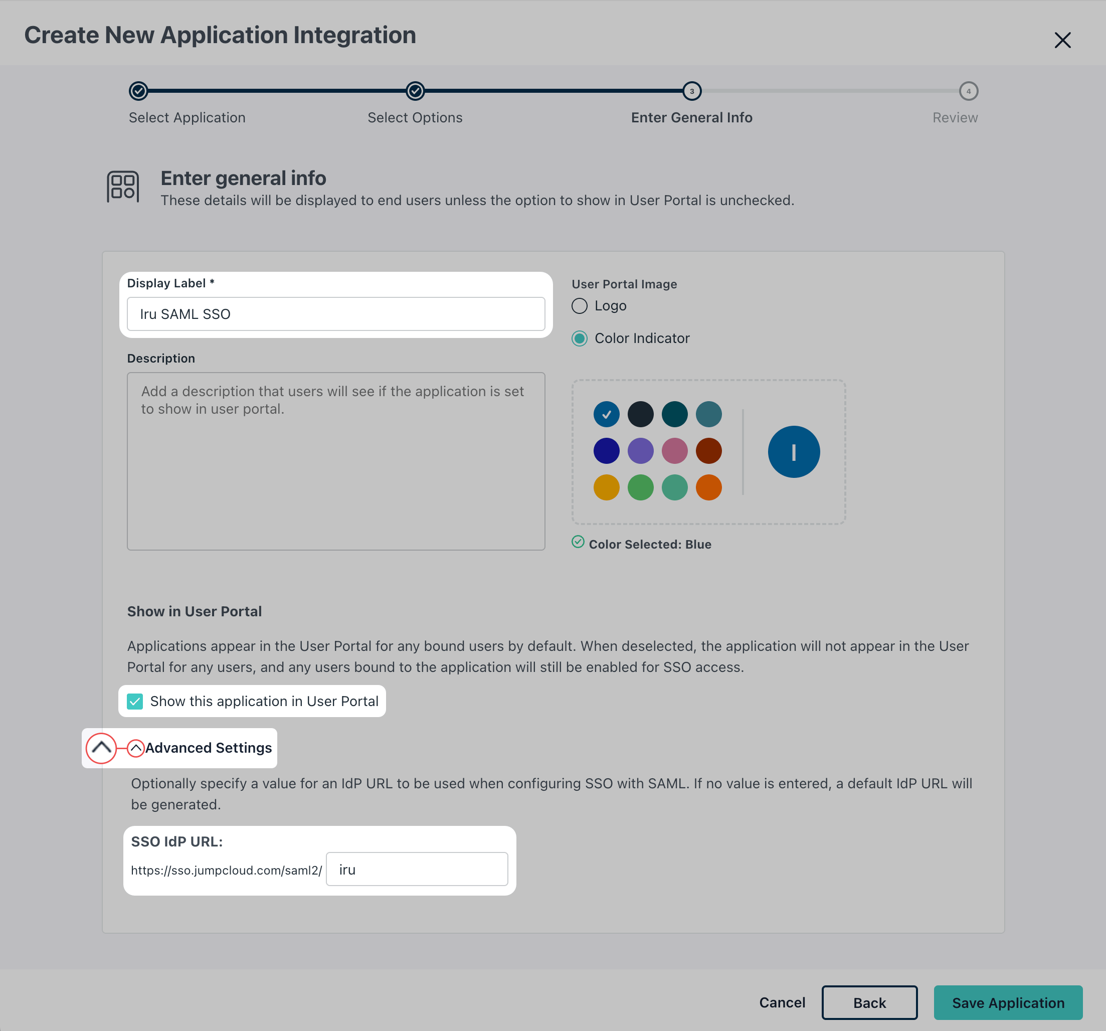 JumpCloud General Info Display Label SSO IdP URL iru Save Application