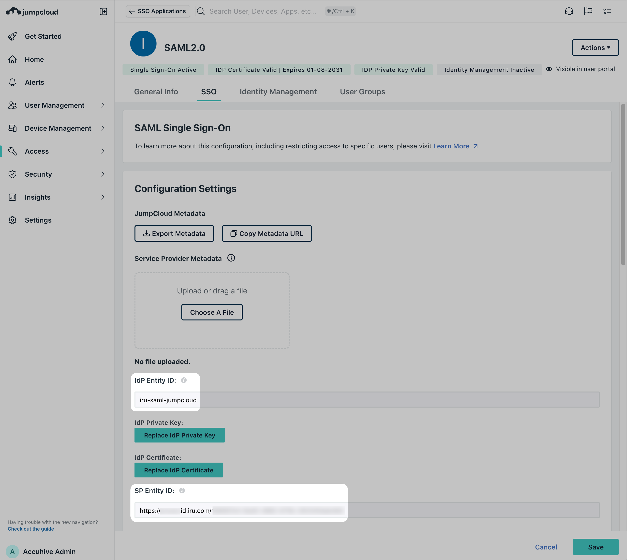 JumpCloud SSO tab IdP Entity ID and SP Entity ID
