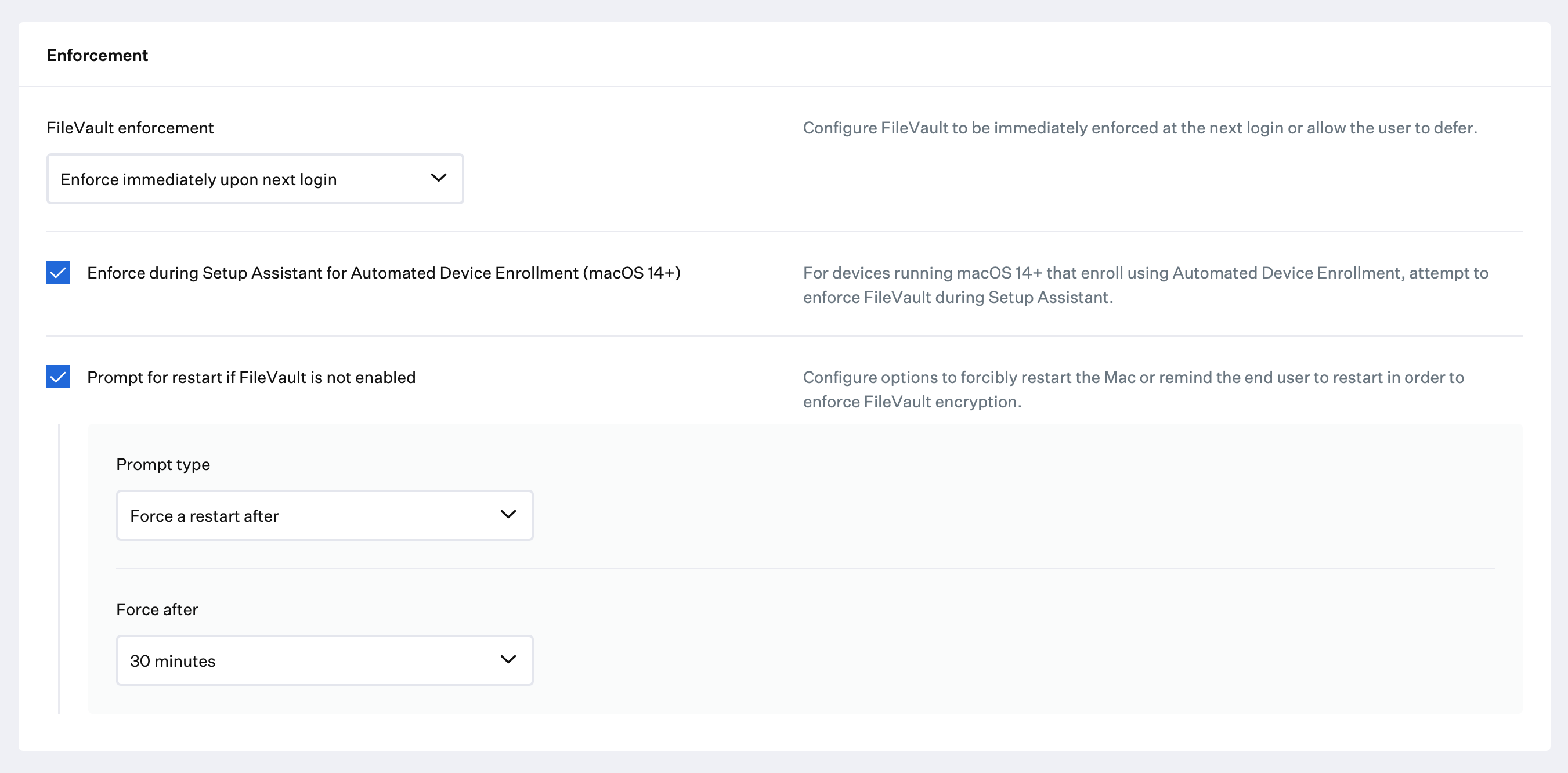 FileVault enforcement settings