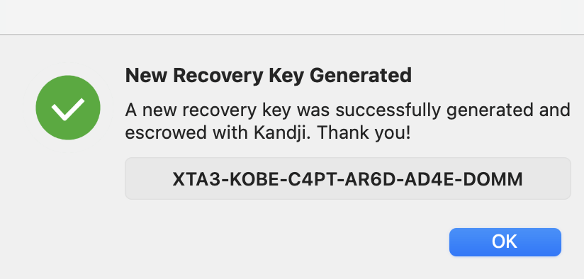 FileVault recovery key displayed after successful regeneration