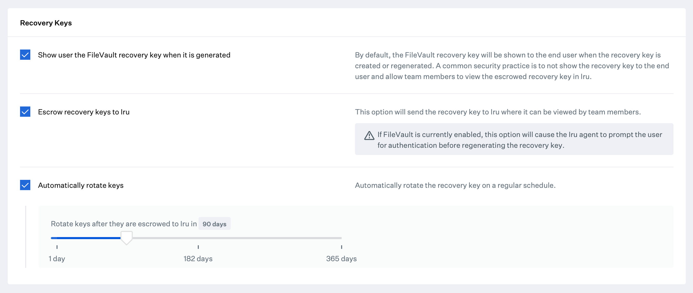 FileVault recovery keys settings including escrow and automatic rotation