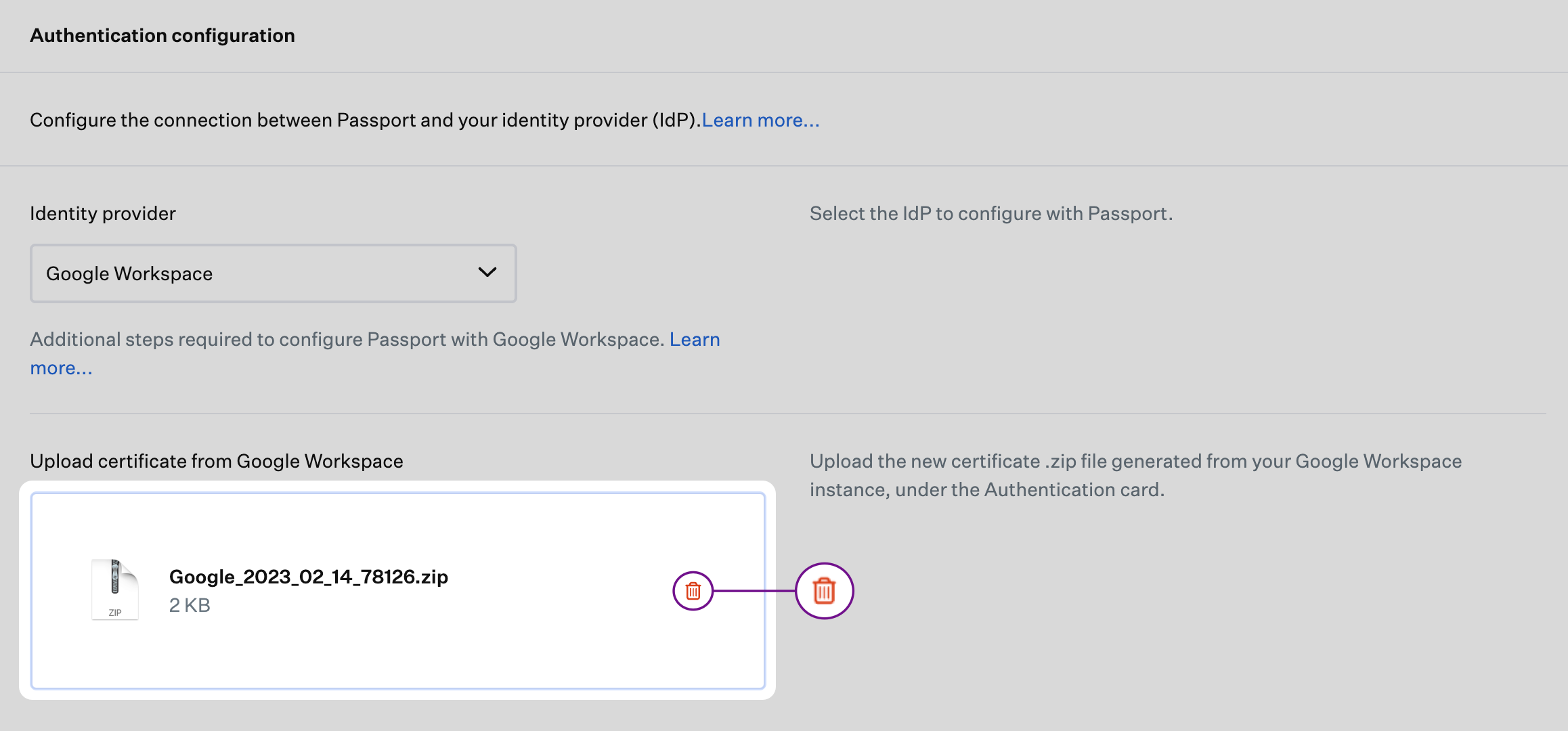 Passport Library Item Authentication configuration with Upload certificate from Google Workspace and trash icon on the zip file